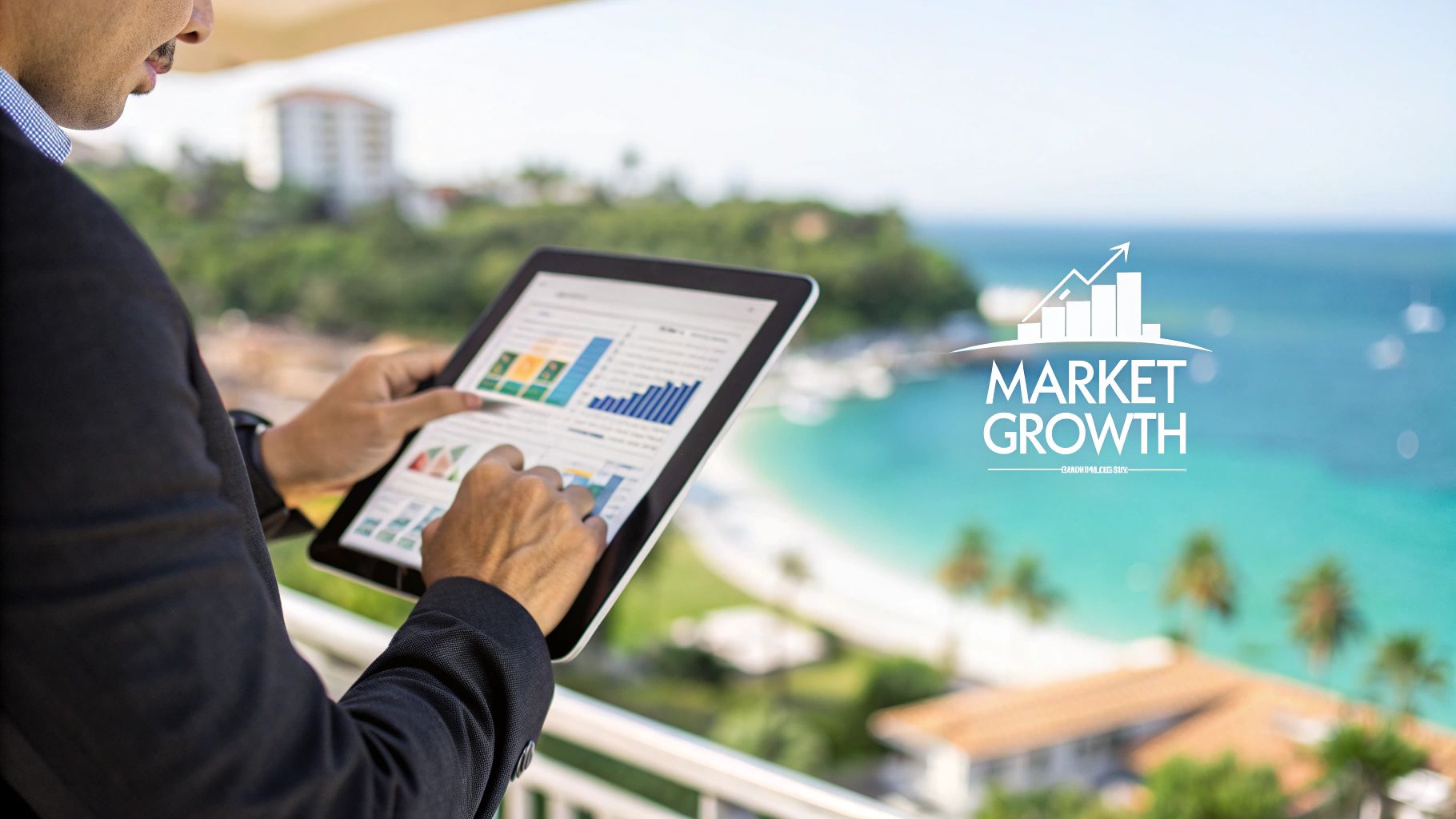 Un homme d'affaires analyse des données de croissance du marché sur une tablette avec une vue imprenable sur une plage tropicale.