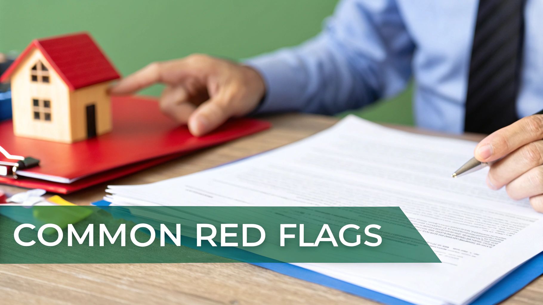 Manos interactuando con una casa modelo y firmando documentos, enfatizando señales de alerta comunes en el sector inmobiliario.