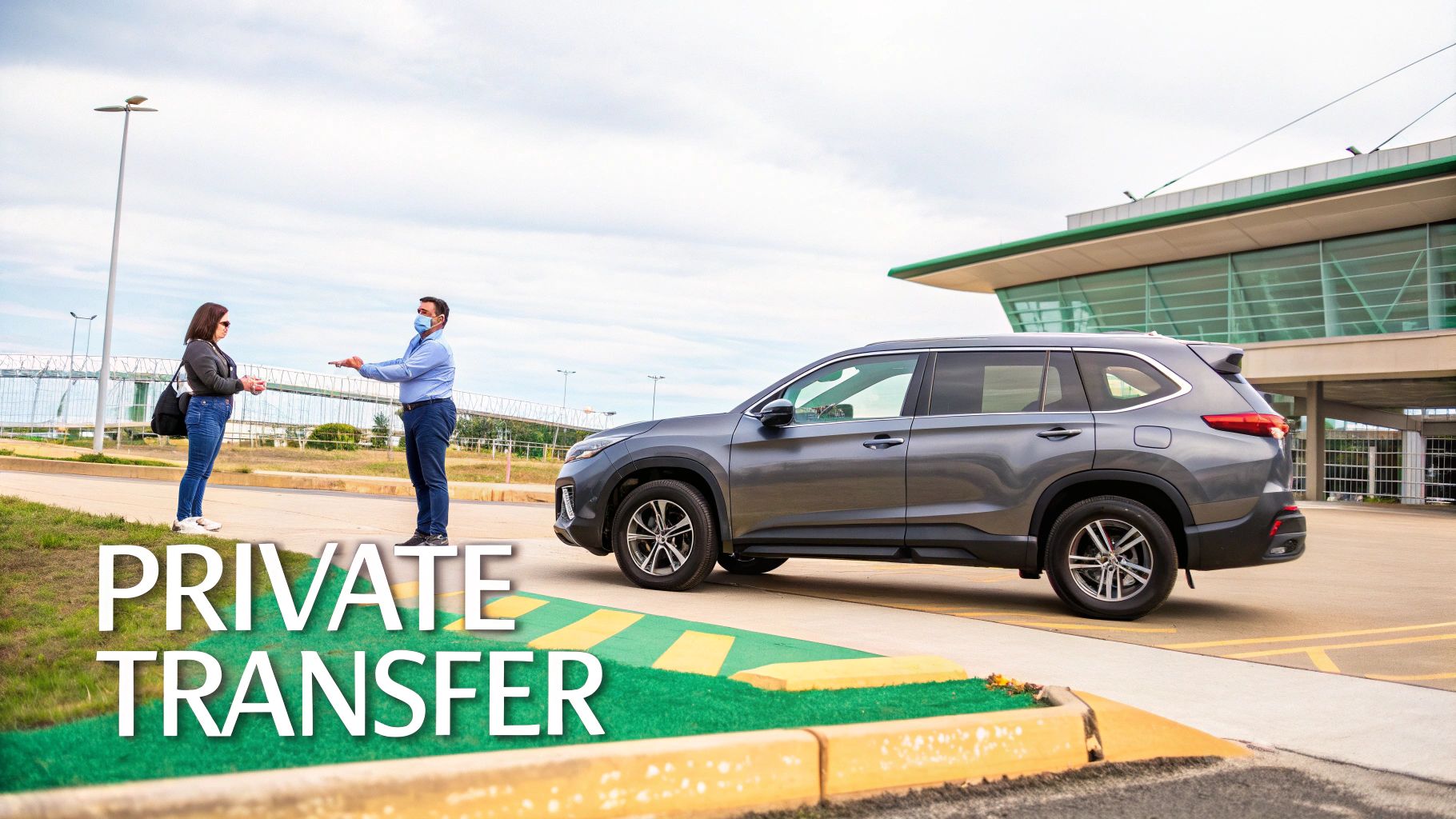 Un homme masqué tend quelque chose à une femme à côté d'un SUV gris, indiquant un transfert privé depuis l'aéroport.
