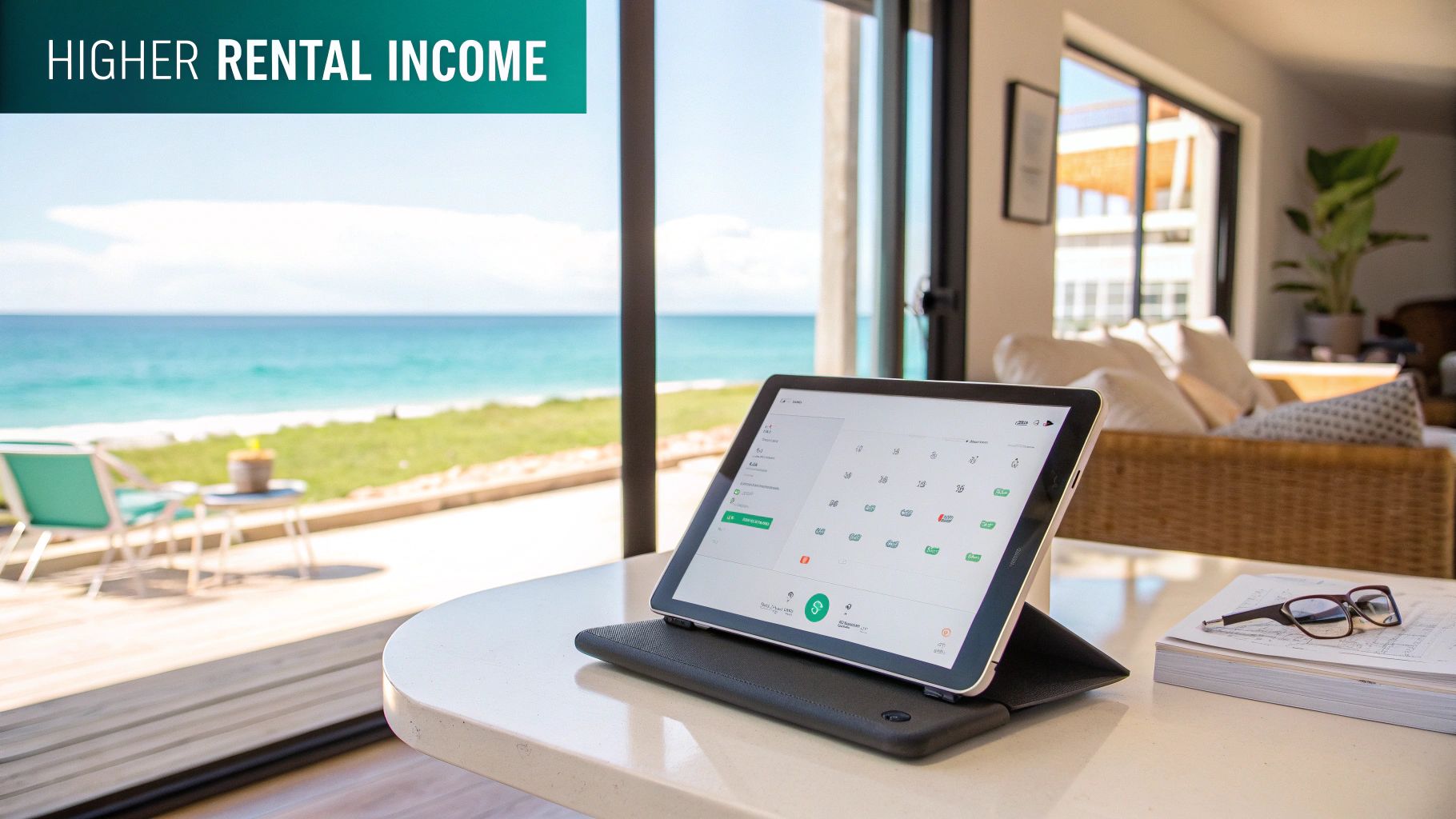 Una tableta muestra un calendario de alquiler en una mesa con vista a una hermosa propiedad frente al mar, lo que promueve mayores ingresos por alquiler.