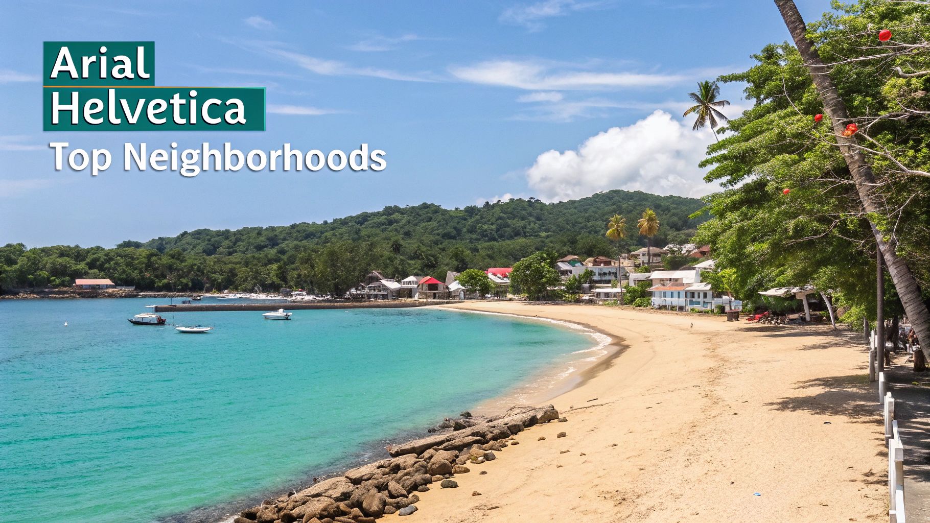 Plage tropicale aux eaux turquoise, rivage sablonneux et quartier côtier bordé de collines verdoyantes.