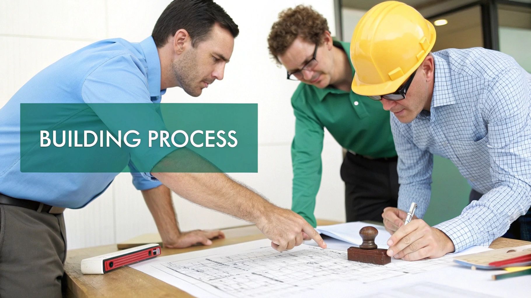 Trois professionnels du bâtiment examinent des plans et des schémas de construction sur une table, en discutant du processus.