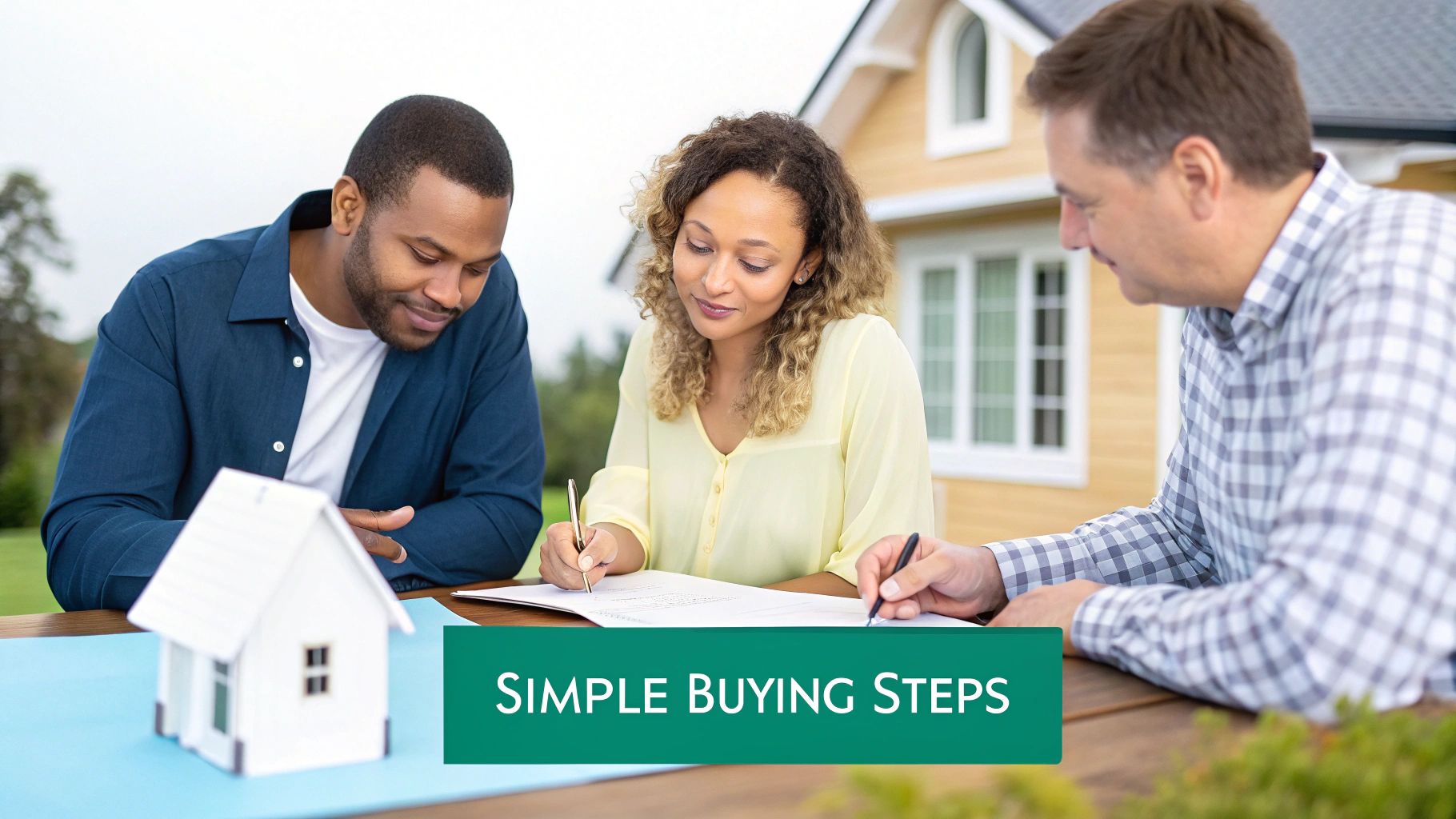 Um casal analisa documentos de propriedade com um corretor imobiliário em um escritório moderno e iluminado.