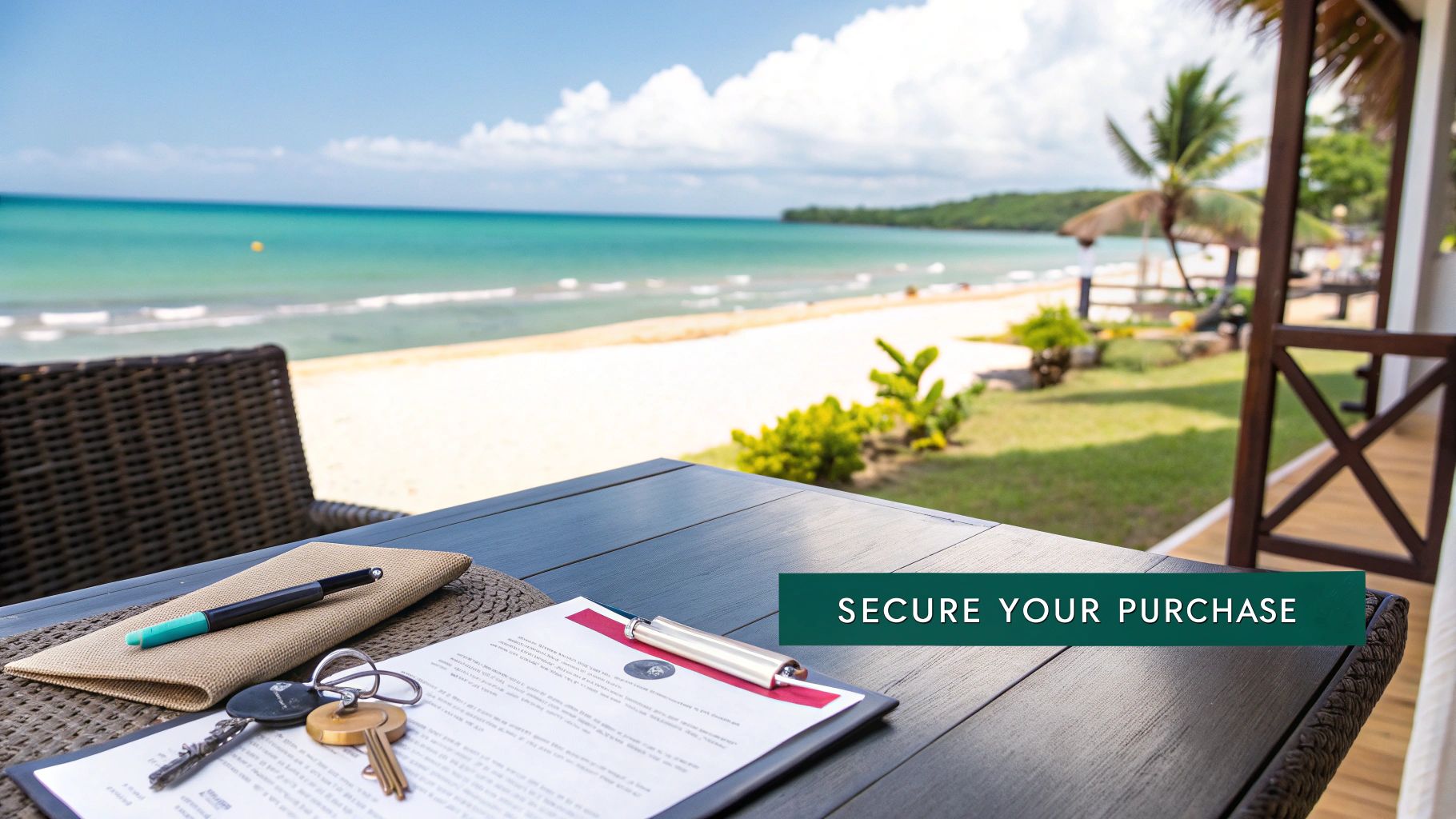 Vista frente al mar desde un balcón, mesa con llaves y un documento, sugiriendo la compra de una propiedad.