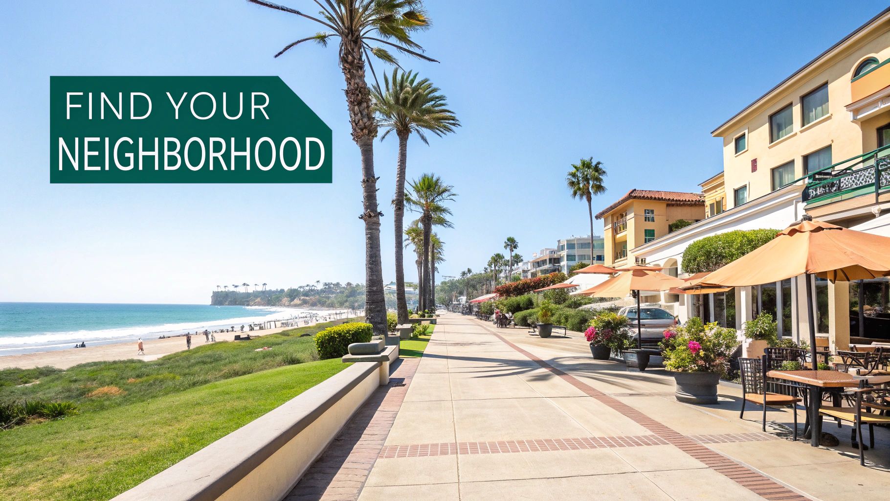Vibrante paseo marítimo con palmeras, restaurantes con asientos al aire libre y una playa animada bajo un cielo despejado.