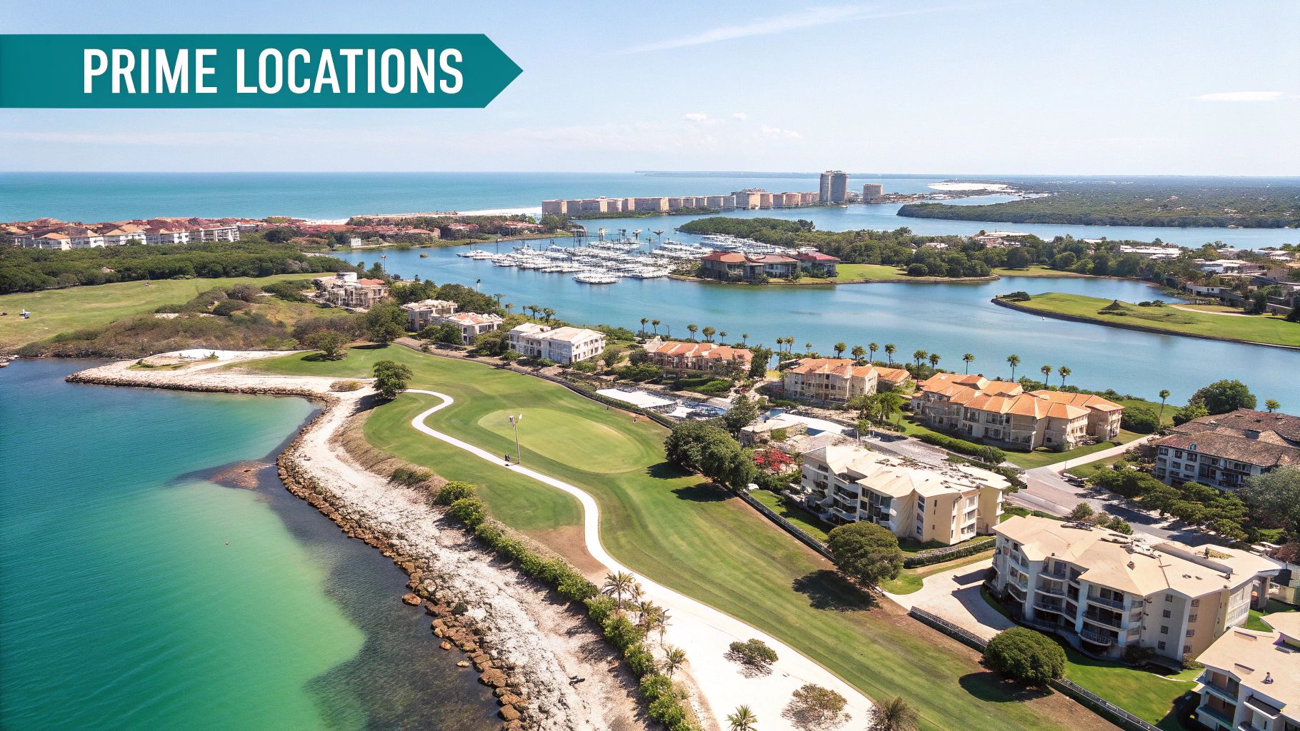Vista aérea de una zona turística costera con campo de golf, puerto deportivo, edificios y océano, etiquetada como 'UBICACIONES PRIVILEGIADAS'.