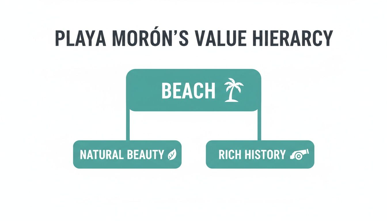 Un diagrama ilustra la jerarquía de valores de Playa Morón, mostrando la playa como el valor principal respaldado por la belleza natural y la rica historia.