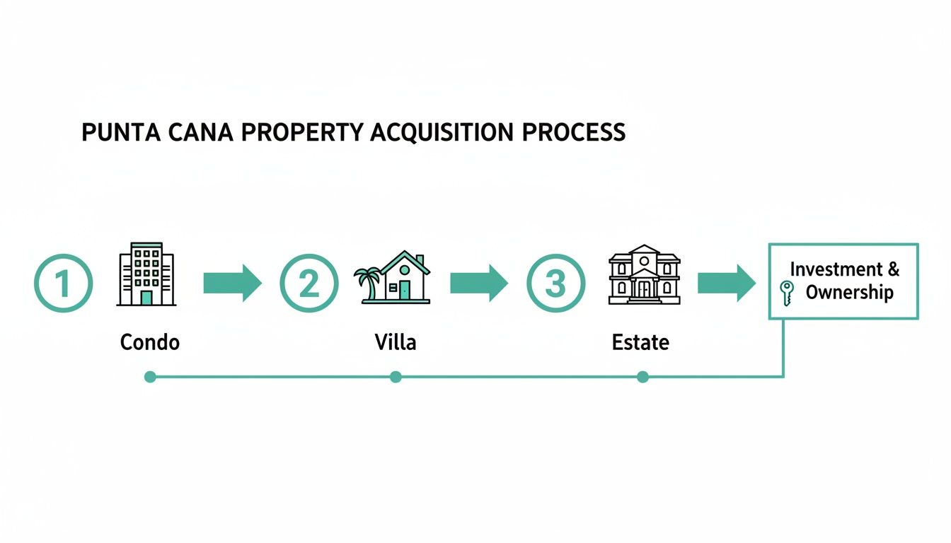 Organigramme illustrant le processus d'acquisition immobilière à Punta Cana : appartements, villas, propriétés de prestige, investissements et acquisitions.
