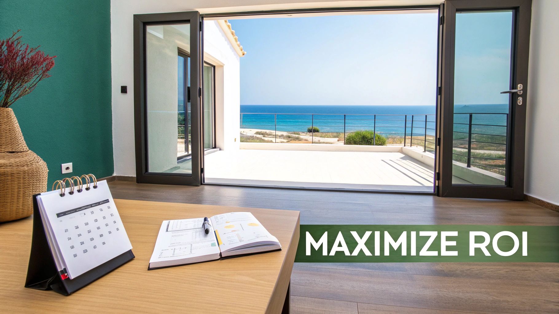 Habitación moderna con escritorio de madera, calendario y libreta, con vista a una impresionante vista al mar.