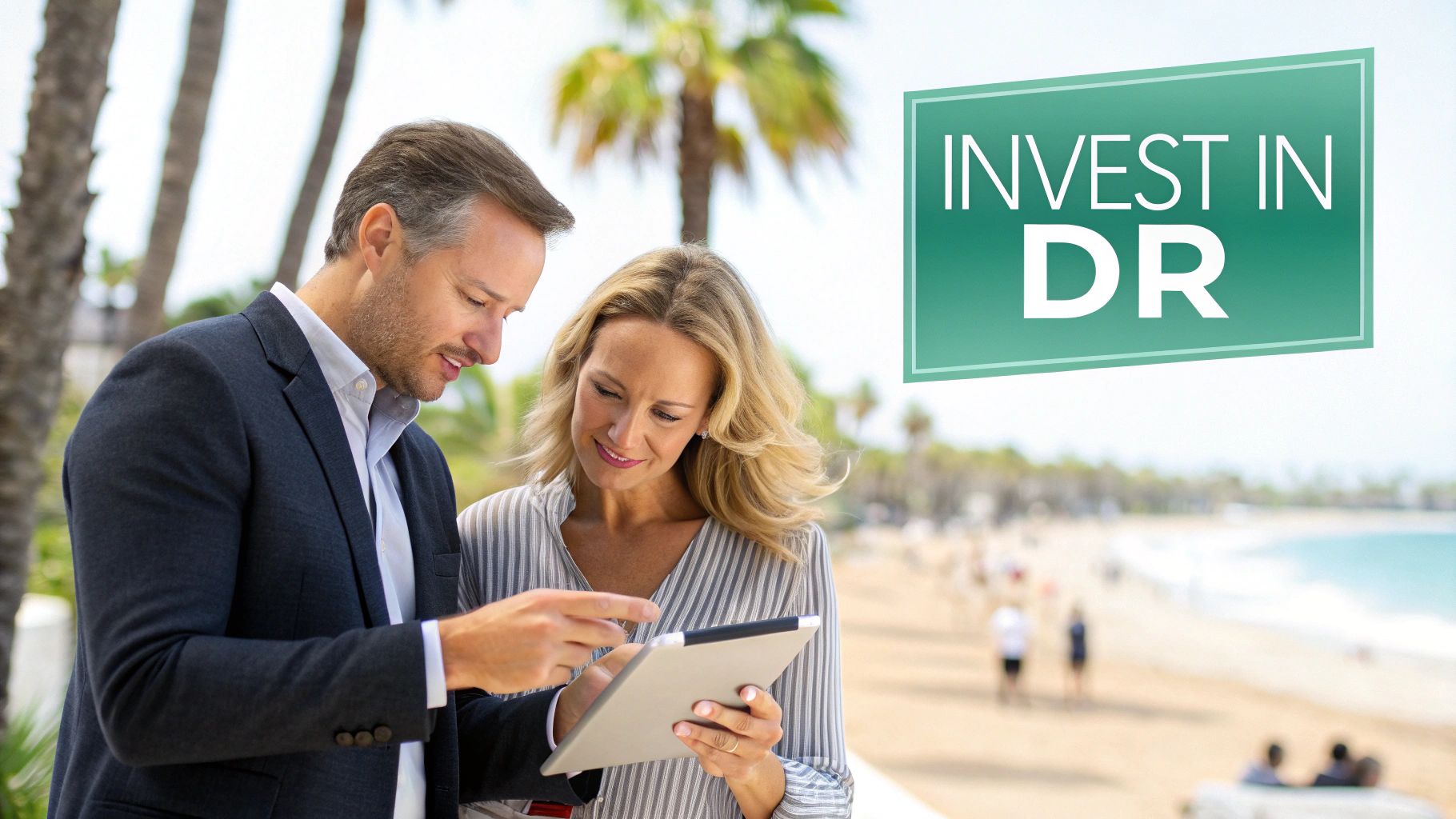 Dos profesionales discuten inversiones en una tableta con una playa tropical y el cartel 'INVIERTE EN RD'.