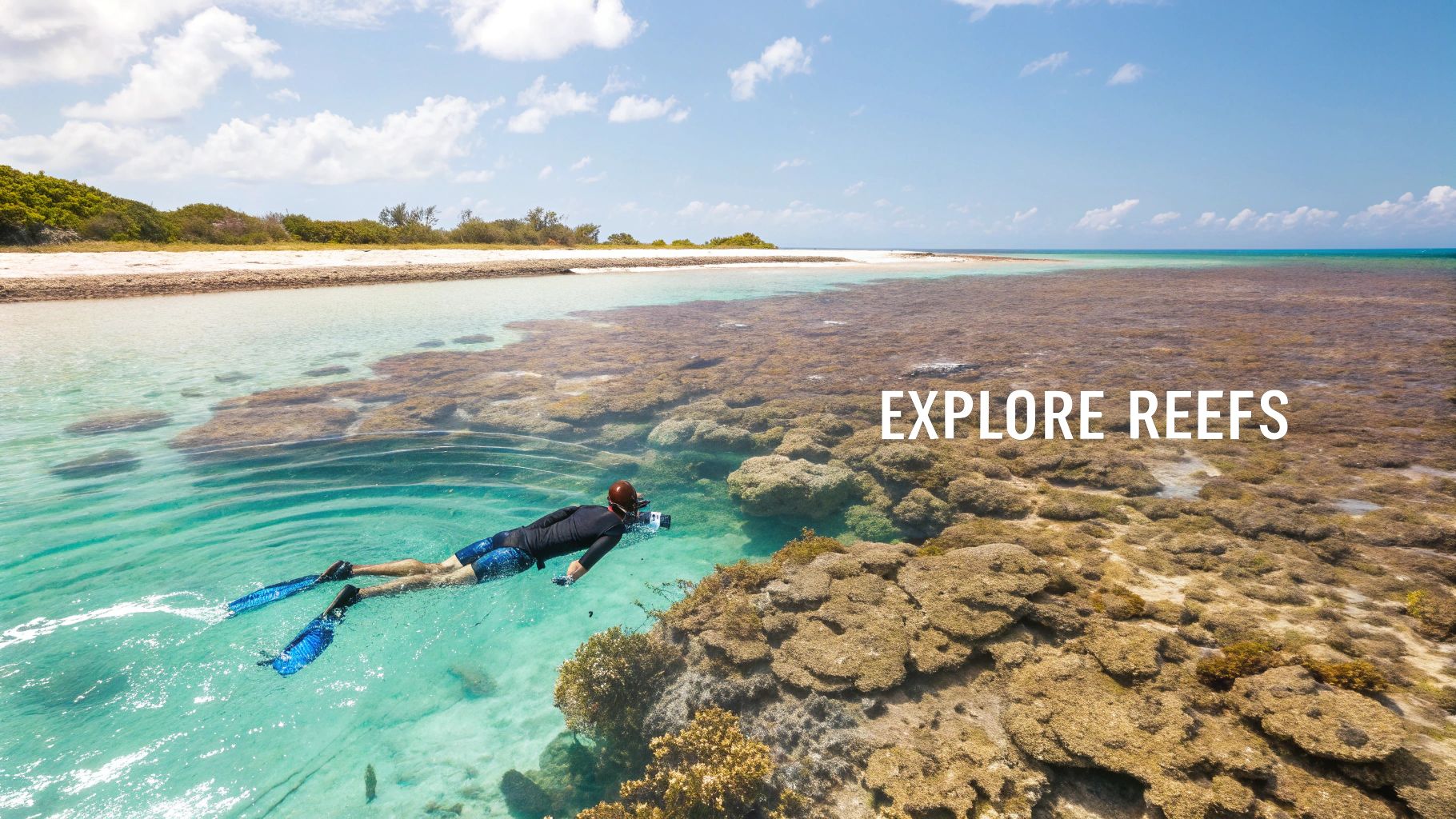 Buceador nadando sobre un hermoso arrecife de coral en aguas cristalinas cerca de la costa de una isla tropical.