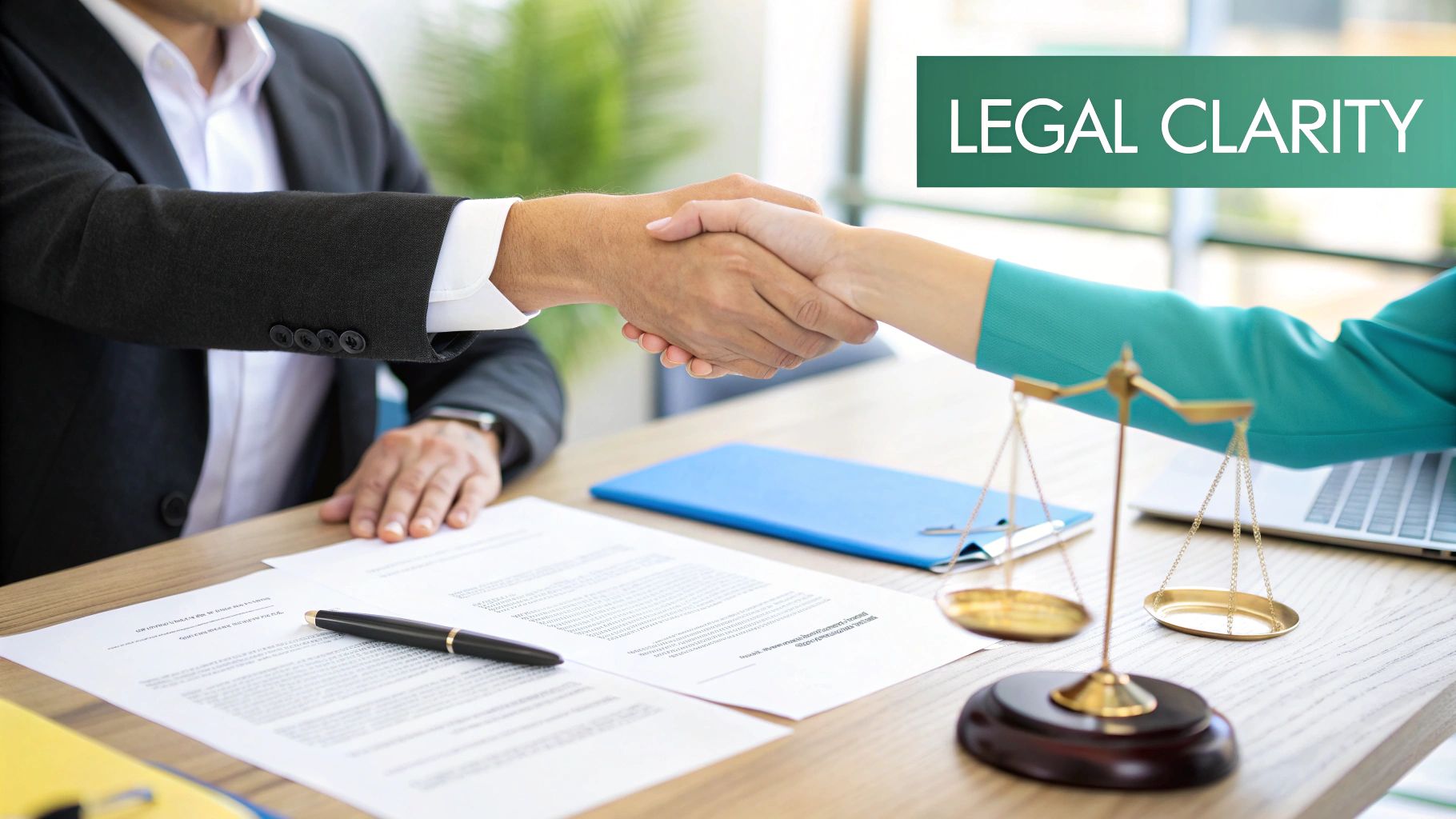 Um documento legal e uma caneta sobre uma mesa com vista para uma paisagem tropical na República Dominicana.