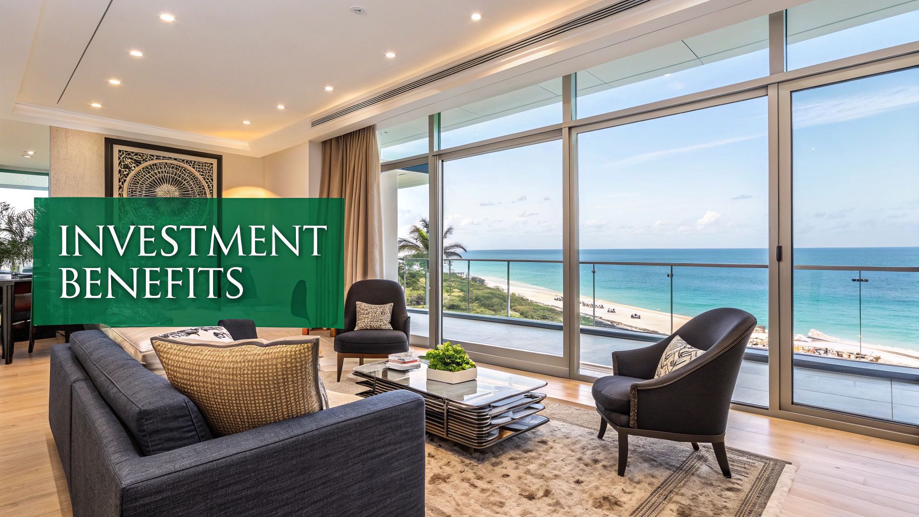 Una escena tropical con palmeras y agua azul clara, que representa la claridad financiera que ofrece CONFOTUR.