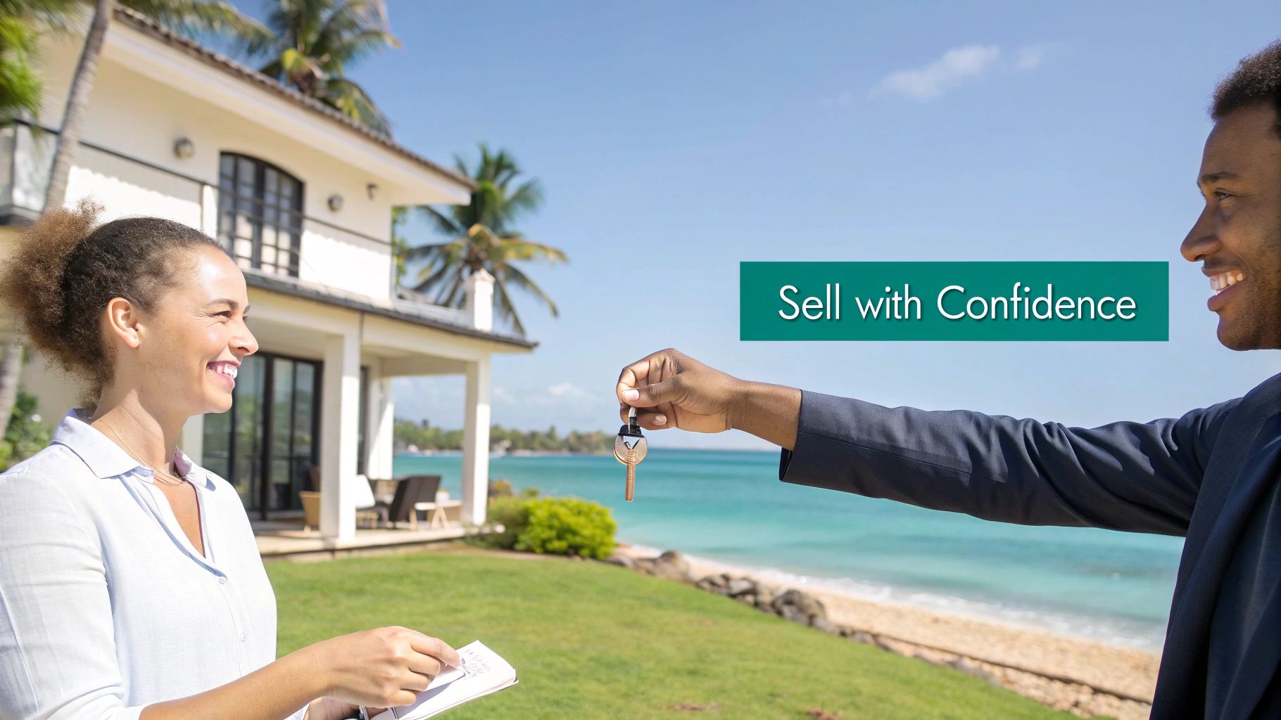 Una mujer sonriente recibe las llaves de la casa de un hombre en una lujosa propiedad frente al mar, lo que simboliza una venta exitosa.