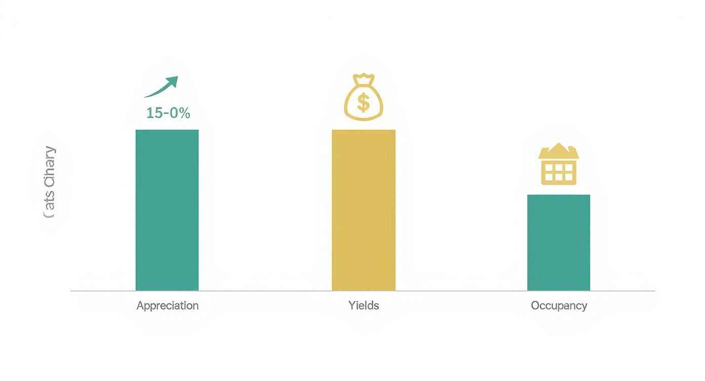 Gráfico de barras comparando a valorização imobiliária, os rendimentos e as taxas de ocupação com ícones relevantes.