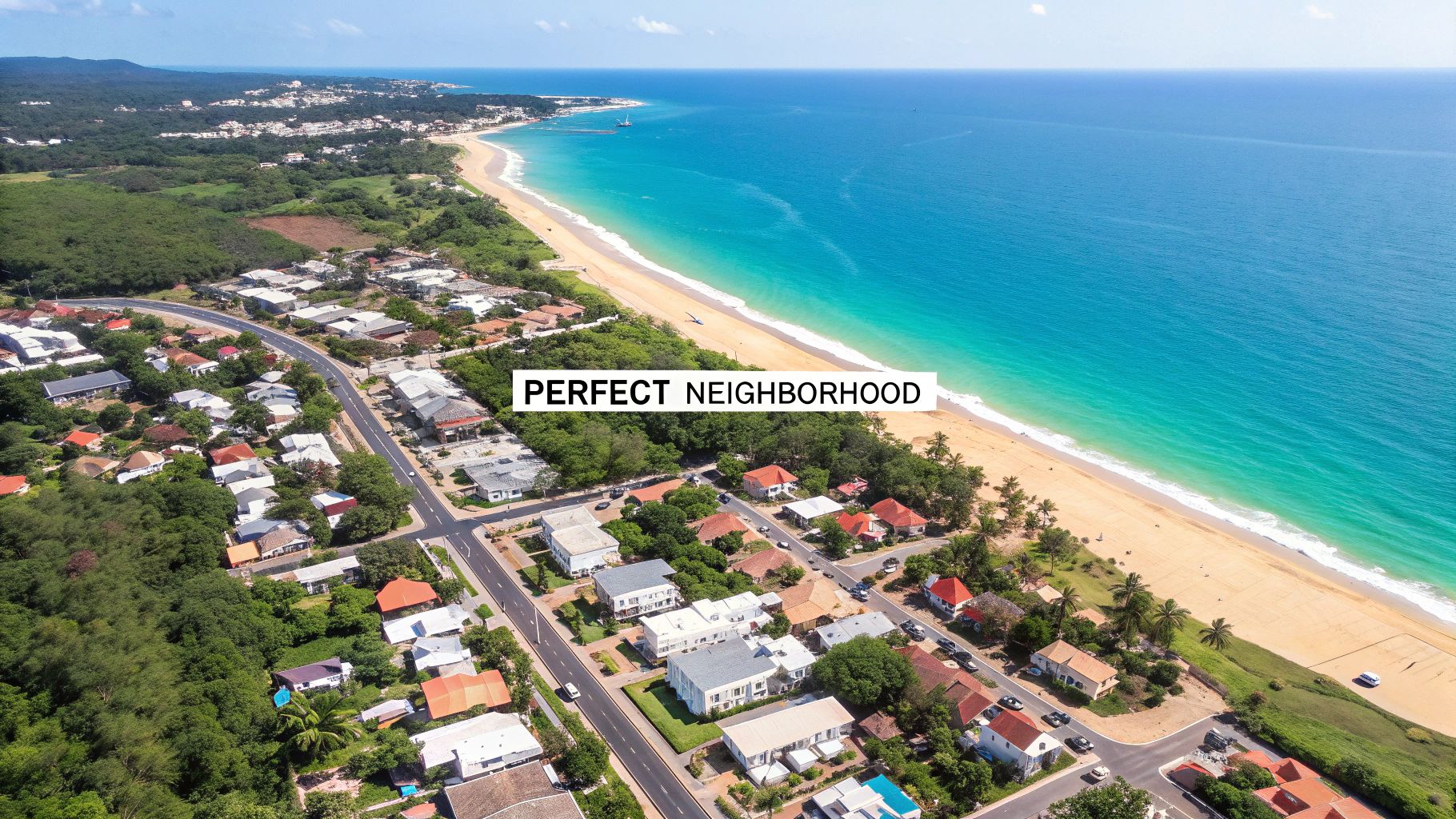 Una vista aérea panorámica de un barrio de Las Terrenas, que muestra villas ubicadas entre exuberantes palmeras cerca de la costa.