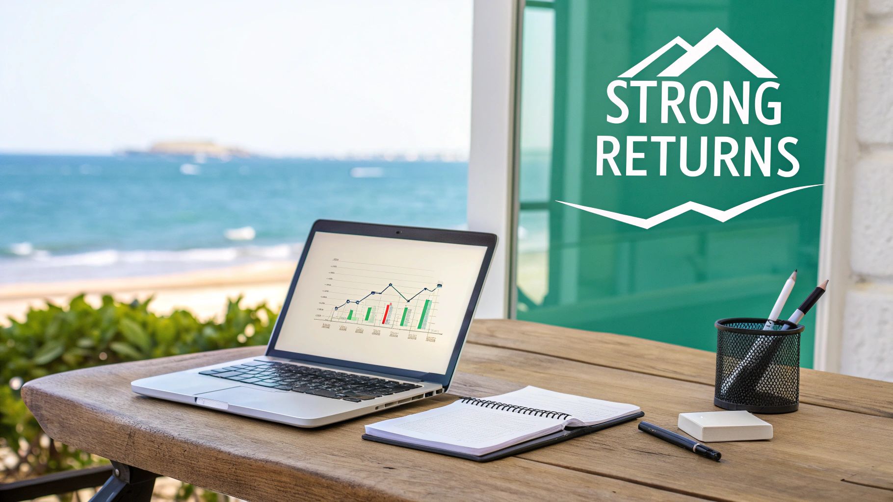 Un ordinateur portable affichant des graphiques de croissance financière est posé sur un bureau en bois avec vue sur l'océan et une bannière de rendements élevés.
