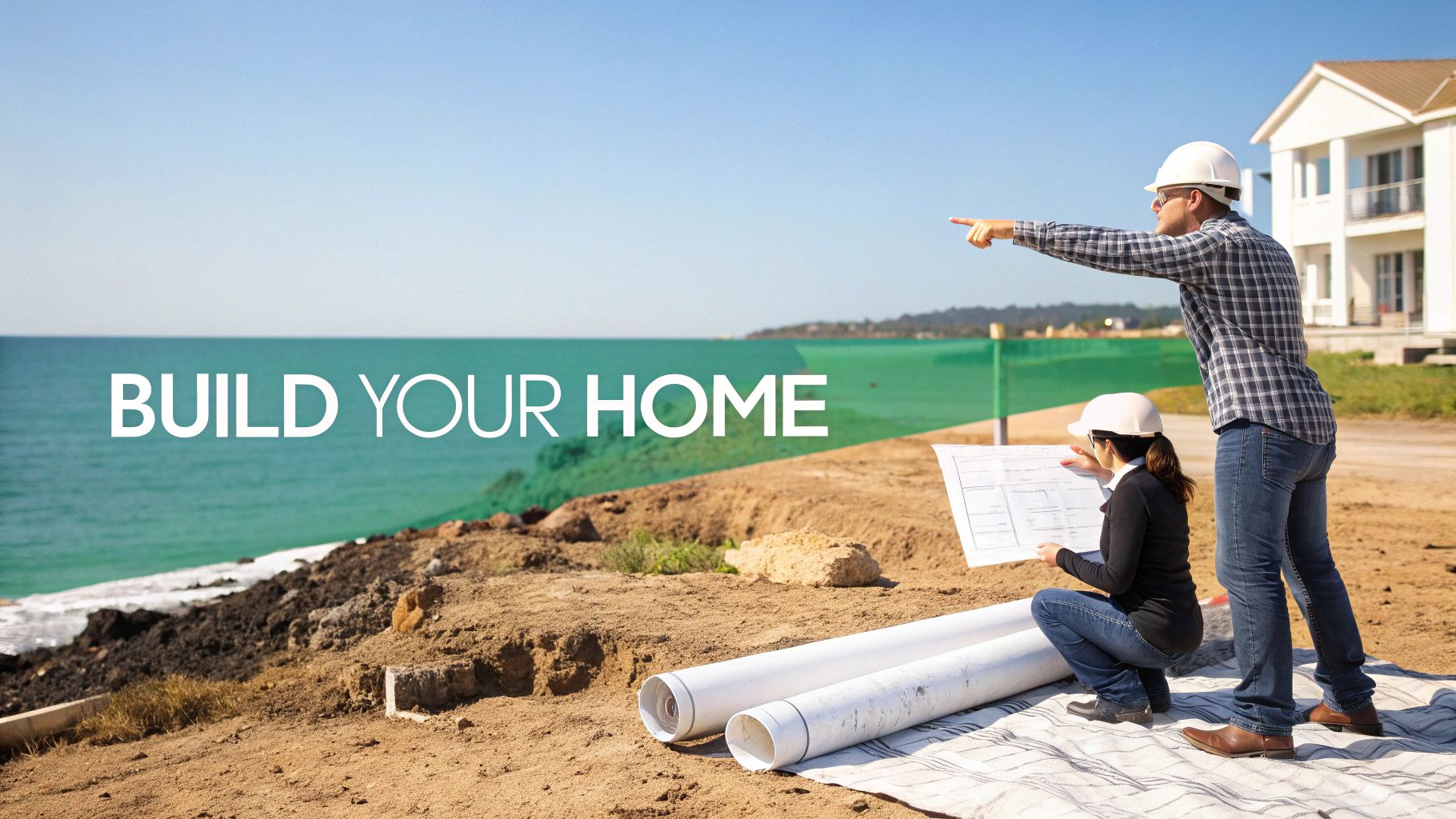 Los arquitectos revisan los planos de un sitio de construcción junto al mar, planeando construir una nueva casa.