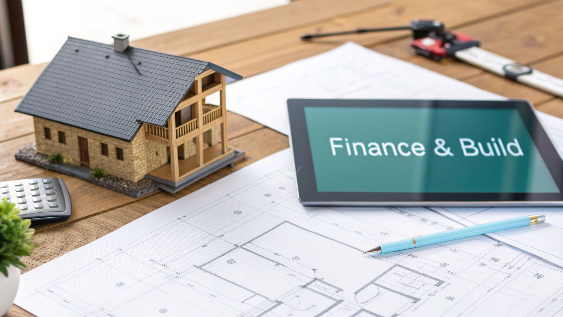 Une table avec une maquette de maison, des plans, une calculatrice et une tablette affichant « Financement et construction ».