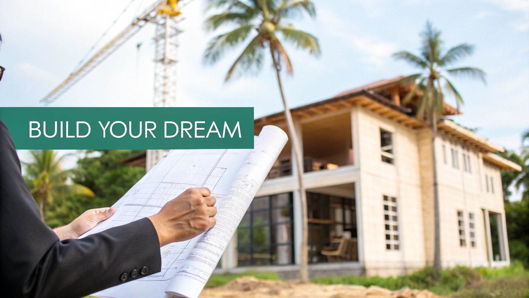 Un architecte examine les plans d'une nouvelle maison en construction, avec des palmiers et une grue.