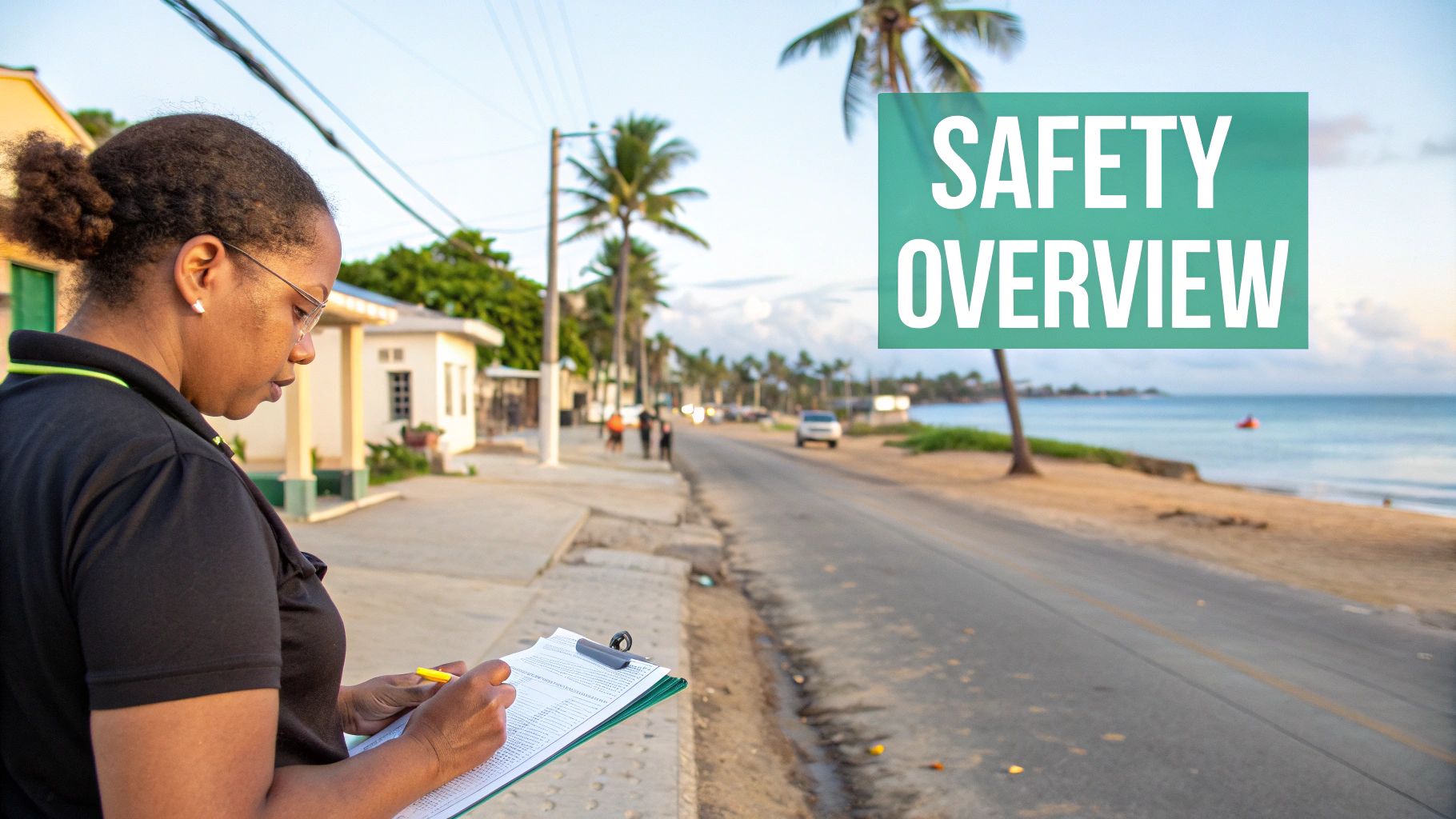 Una mujer escribe en un portapapeles cerca de una carretera de playa tropical con un cartel de "DESCRIPCIÓN GENERAL DE SEGURIDAD".