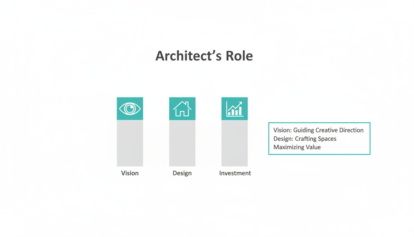 Diapositiva de presentación que detalla las funciones clave de un arquitecto: guiar la visión, elaborar diseños y maximizar la inversión.