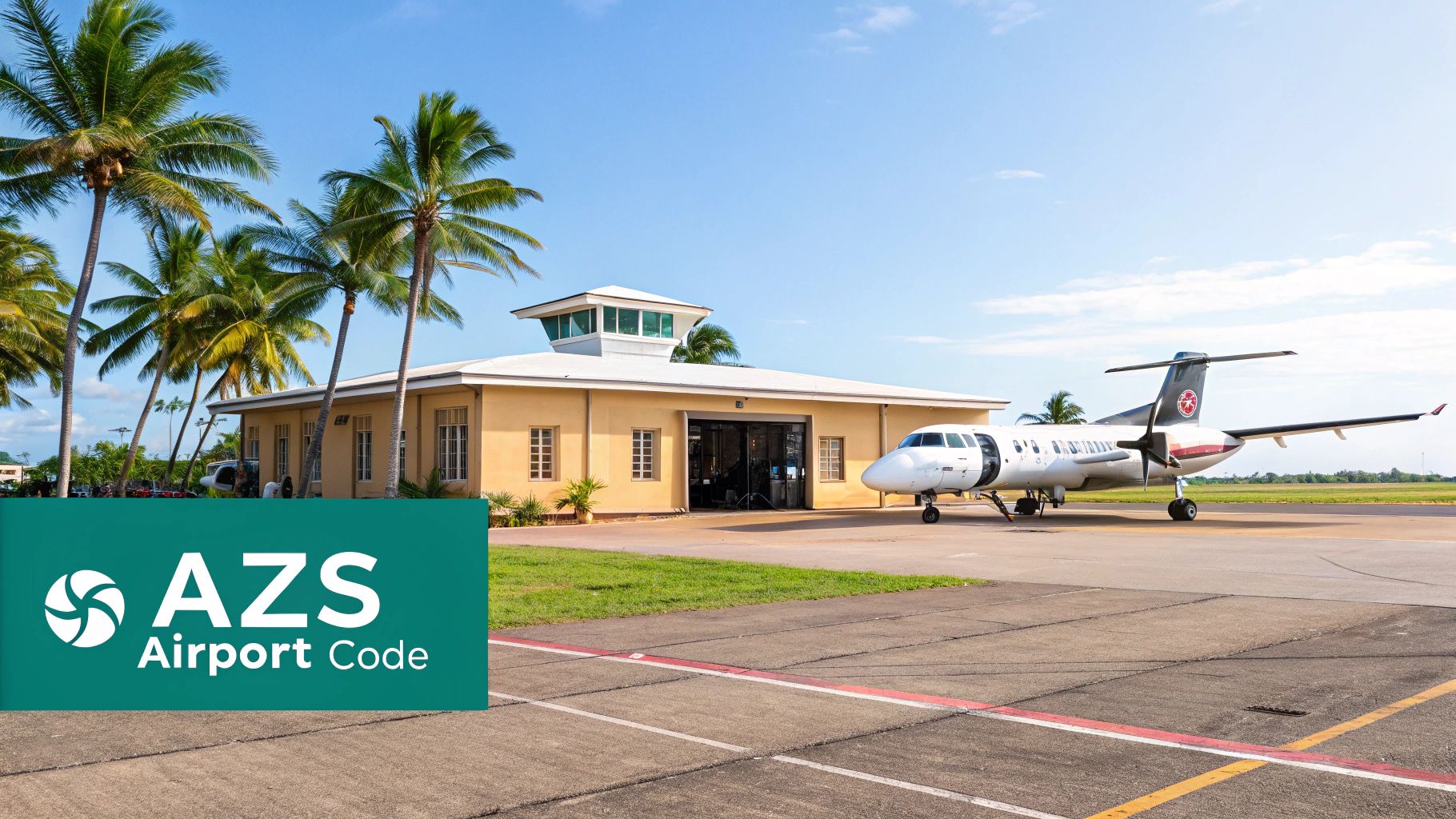 Pequeña terminal de aeropuerto con torre de control, rodeada de palmeras y un avión de hélice en la pista, mostrando el código de aeropuerto AZS.