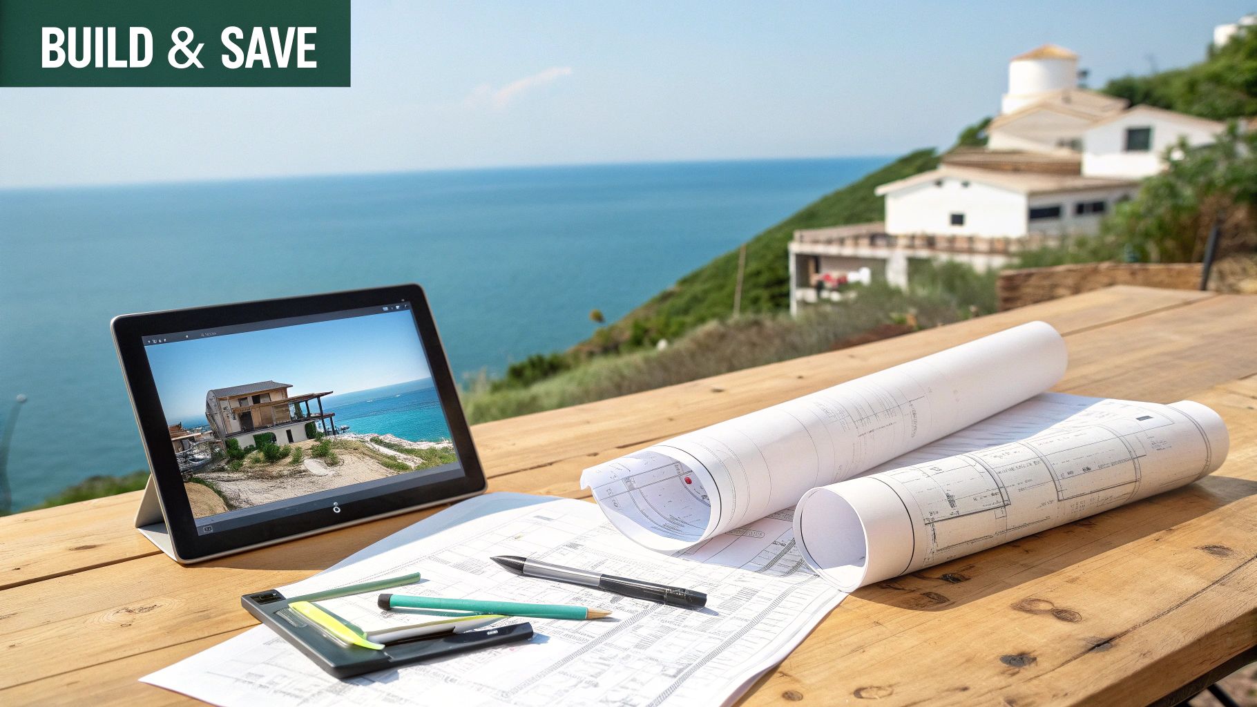 Planos arquitectónicos y una tableta que muestra el diseño de una casa junto al mar sobre una mesa de madera.