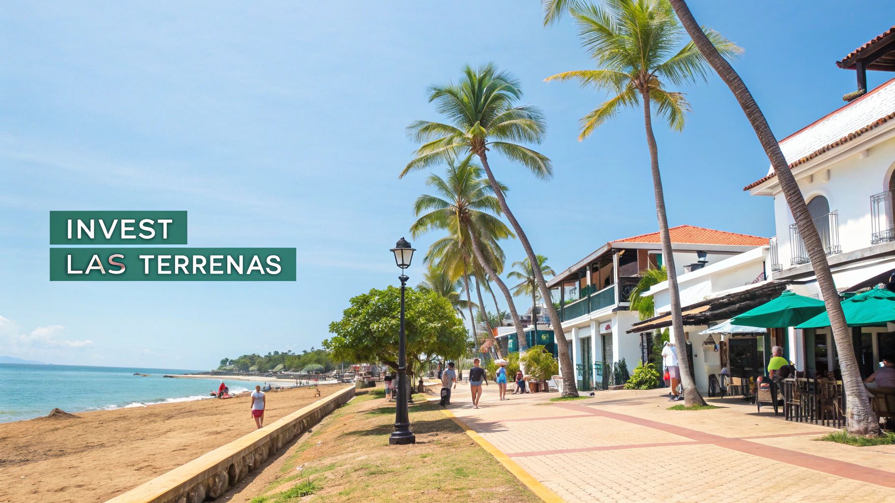 Una vista tropical y exuberante de Playa Bonita en Las Terrenas, que muestra el agua turquesa y la costa bordeada de palmeras.