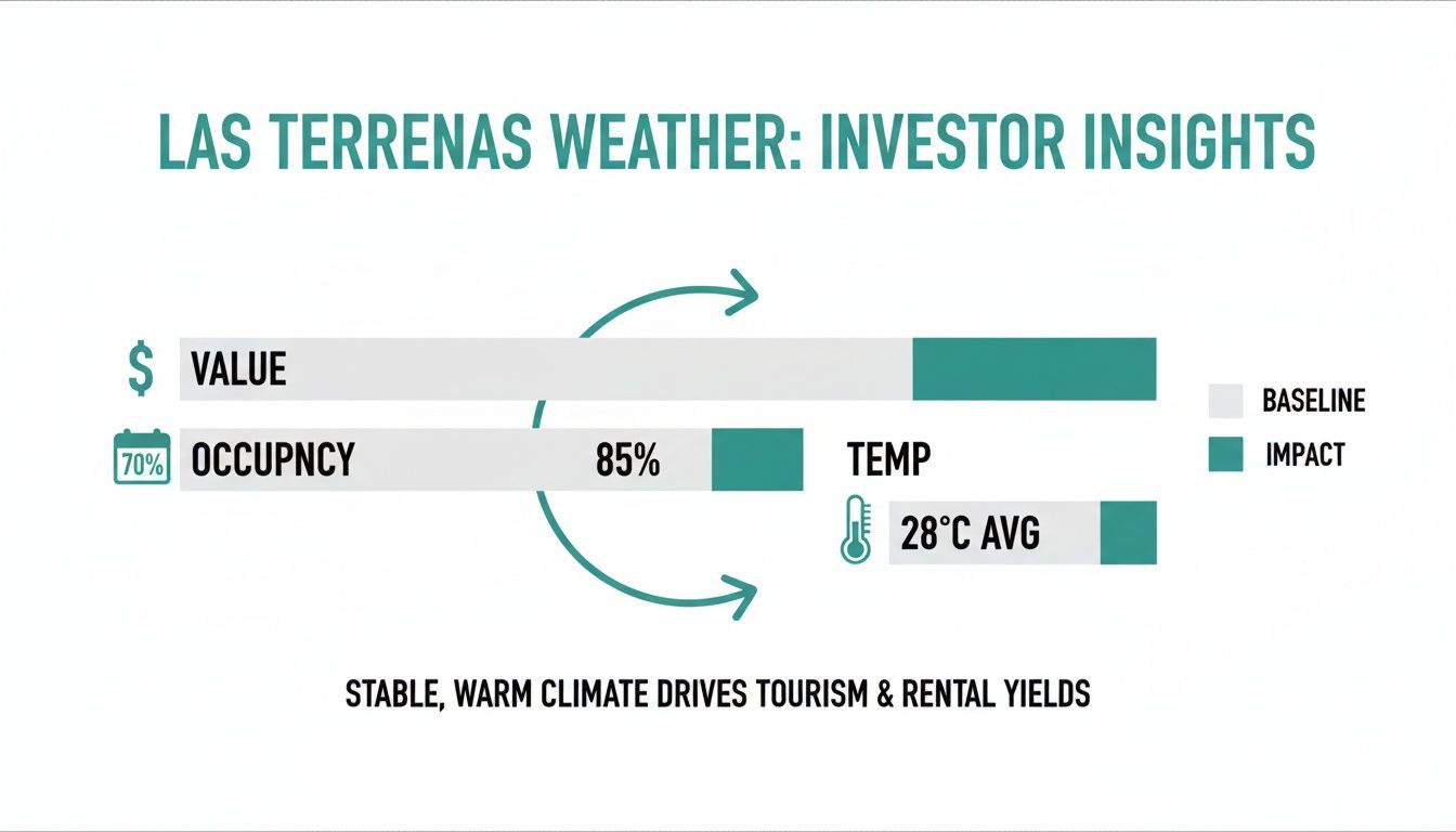 Infografía que muestra las perspectivas de los inversores sobre el clima de Las Terrenas y su impacto en el valor, la ocupación y la temperatura.
