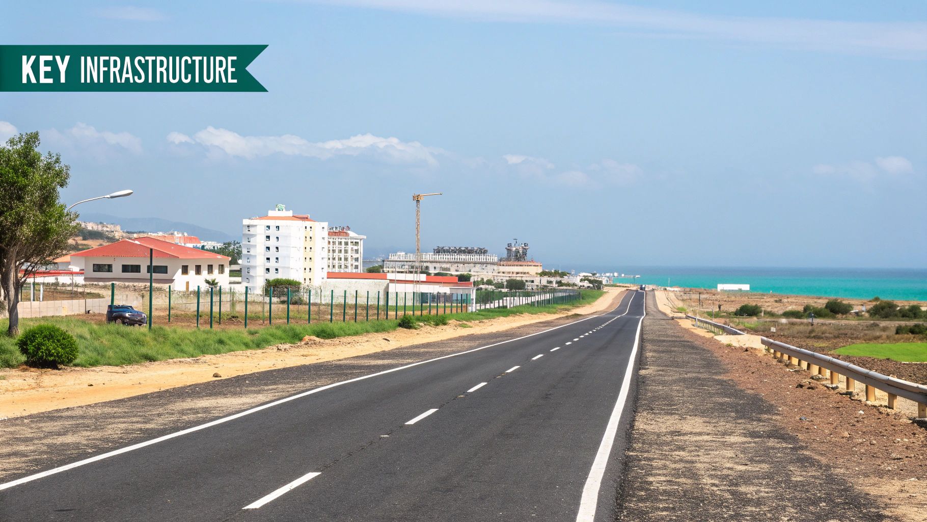 Une nouvelle route mène à des bâtiments côtiers, à un chantier de construction et à l'océan, constituant ainsi une infrastructure essentielle.