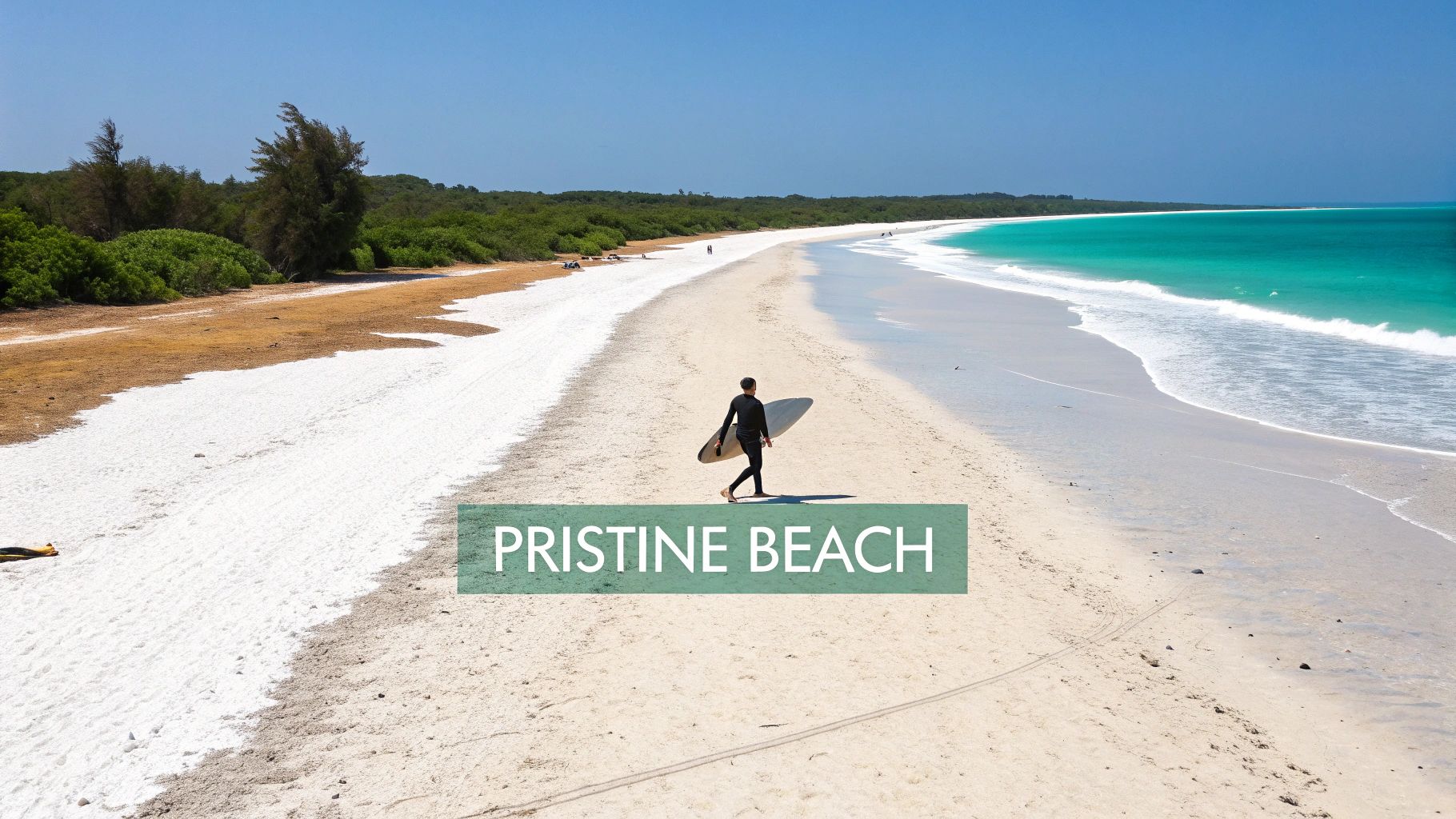 Un surfeur marche le long d'une plage de sable blanc immaculée, bordée d'eaux turquoise et d'arbres verdoyants, sous un ciel d'un bleu limpide.