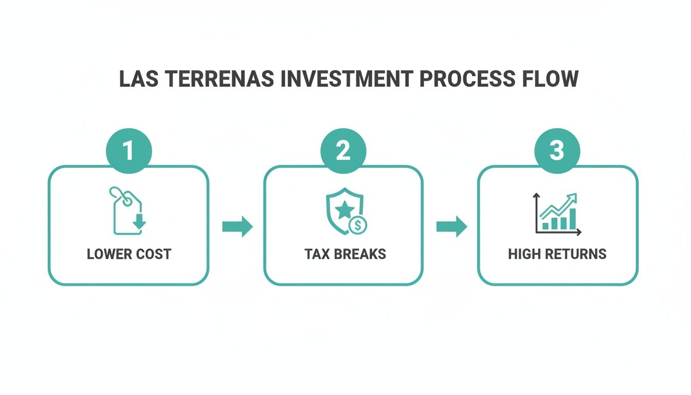 Un flujo de proceso de inversión de tres pasos para Las Terrenas: menor costo, exenciones fiscales, alta rentabilidad.