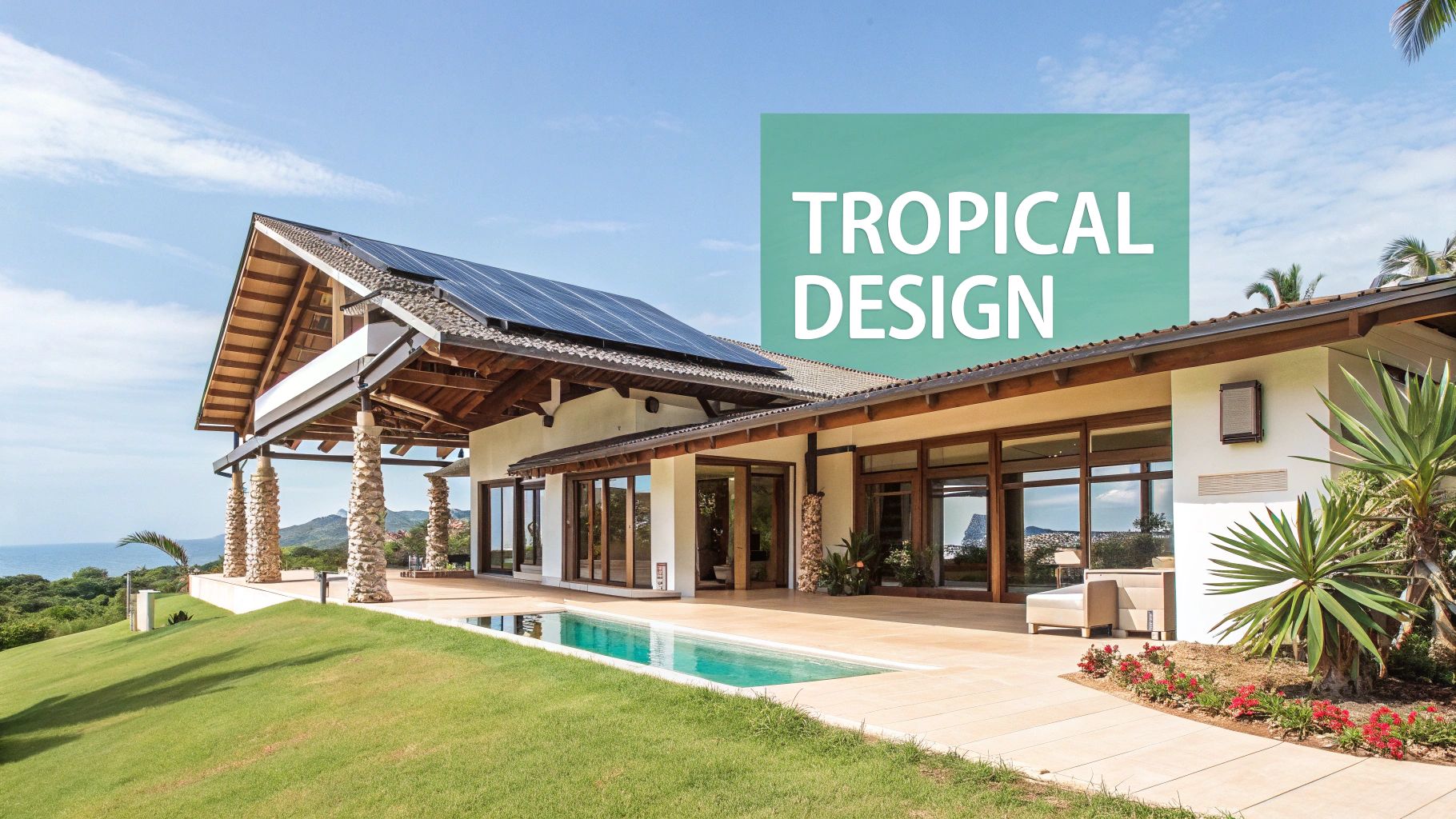 Maison tropicale moderne avec panneaux solaires, piscine et vue imprenable sur l'océan.