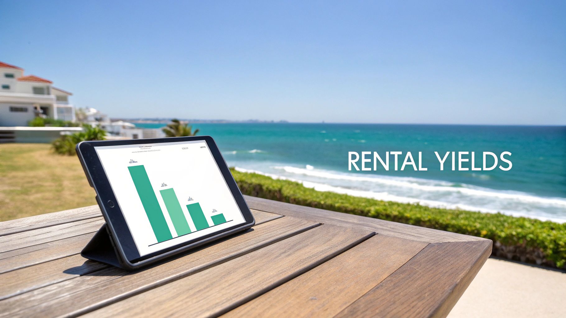 Una tableta muestra un gráfico de barras sobre una mesa de madera, con vistas a una pintoresca vista del océano con casas distantes, superpuesto con el texto 'RENDIMIENTOS DE ALQUILER'.