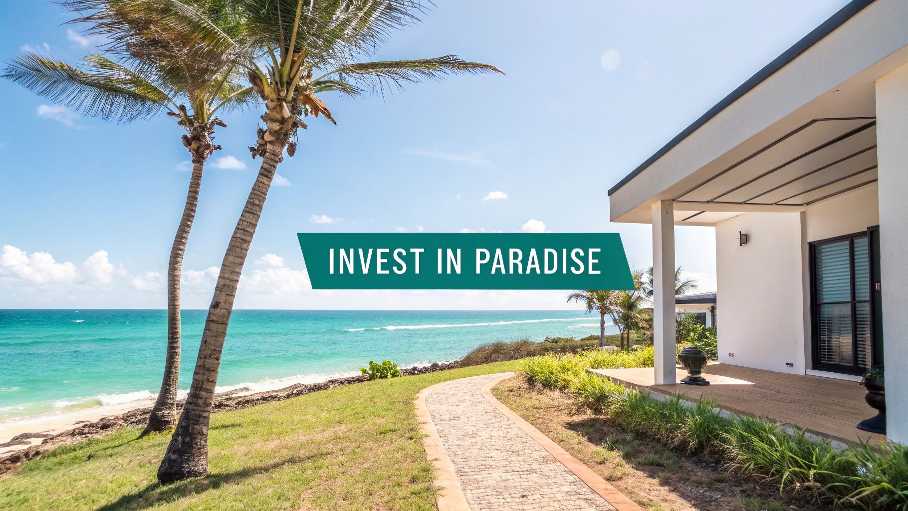 Maison moderne en bord de mer avec palmiers donnant sur un océan turquoise et une plage de sable fin sous un ciel bleu.