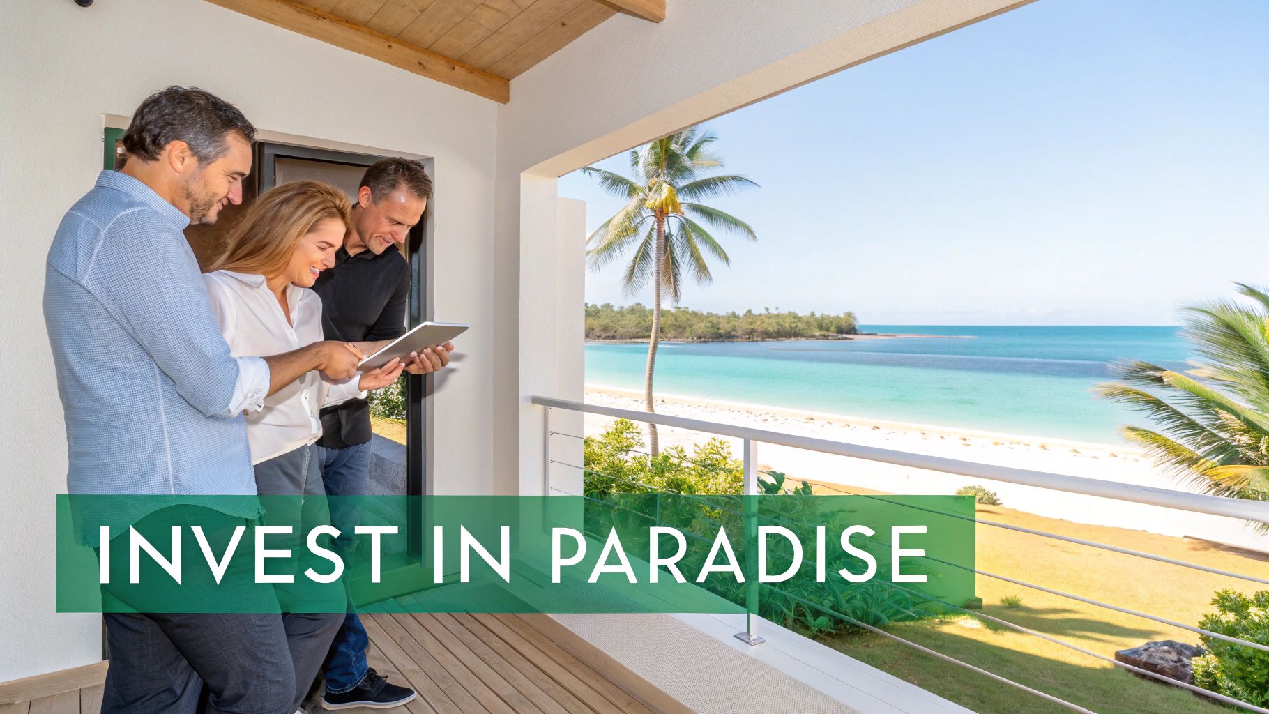 Tres personas en un balcón mirando una tableta, con vista a una hermosa playa tropical con palmeras.