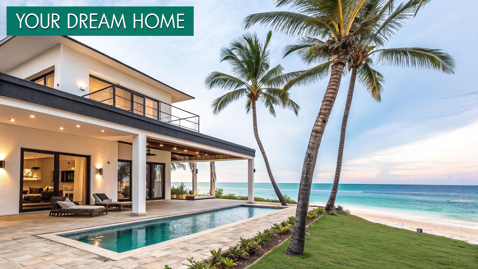 Una impresionante casa de ensueño moderna con piscina privada, palmeras y acceso directo a una hermosa playa.