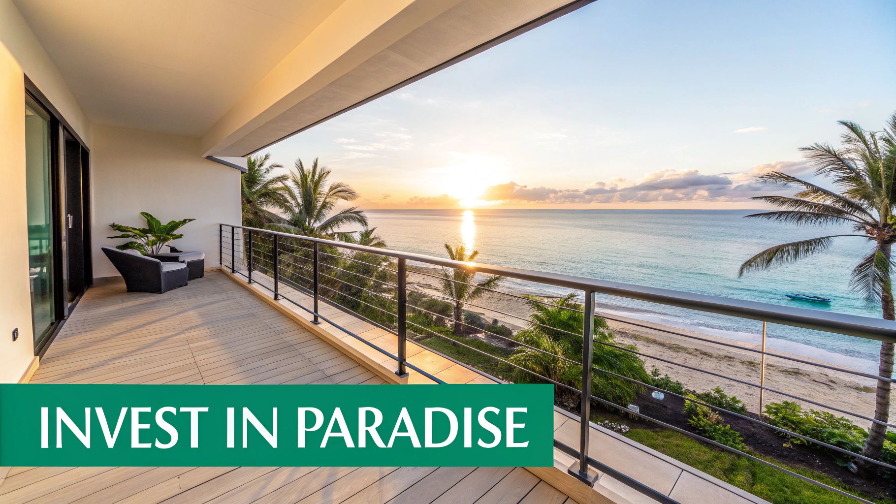 Varanda luxuosa à beira-mar ao pôr do sol, com vista para uma praia tropical com palmeiras e um barco.