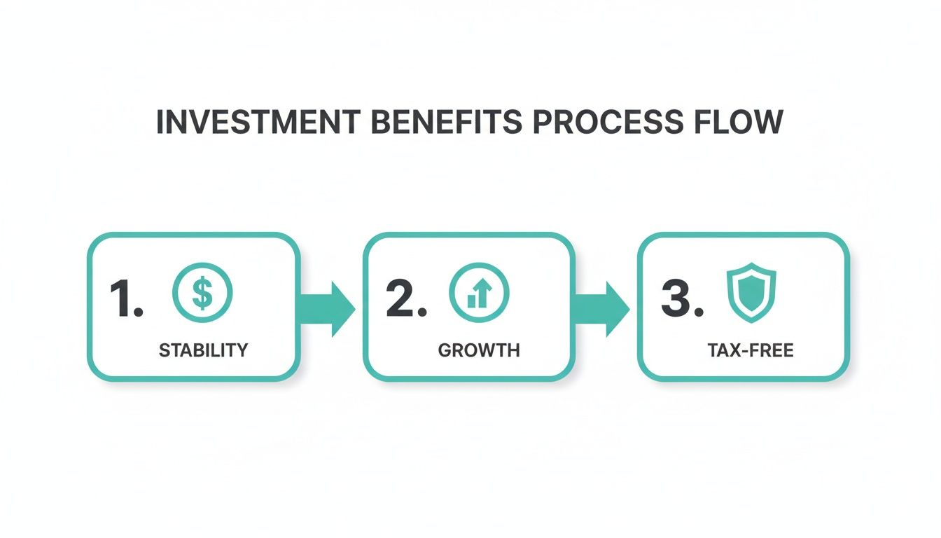 Diagramme de flux du processus des avantages de l'investissement illustrant la stabilité, la croissance et les avantages fiscaux en trois étapes.