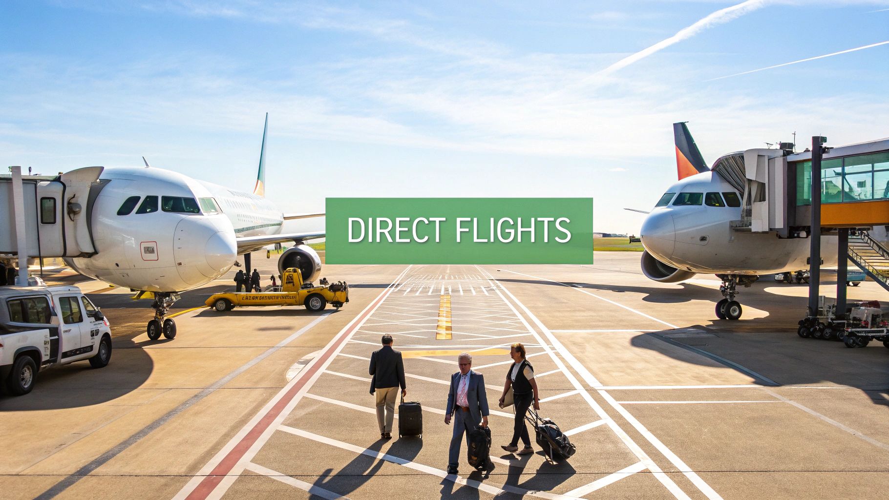 Una pista de aeropuerto con dos aviones de pasajeros en las puertas, gente caminando con equipaje y una pancarta que dice "VUELOS DIRECTOS".