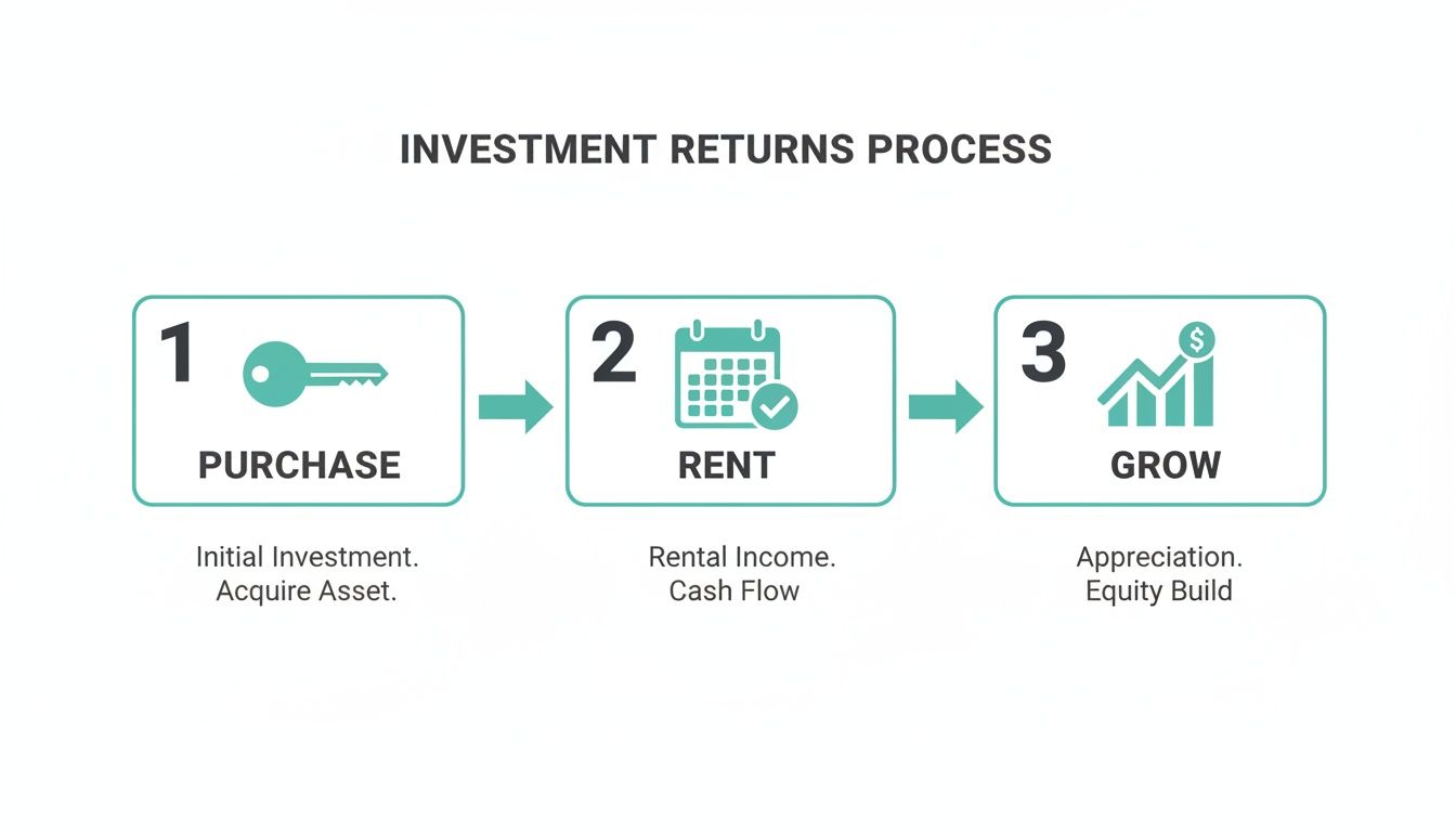 Infografía que detalla el proceso de inversión inmobiliaria con pasos para compra, alquiler y crecimiento.