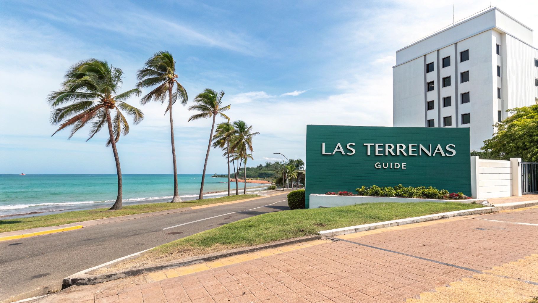 Un panneau vert « LAS TERRENAS GUIDE » se dresse au bord d'une route, avec des palmiers, une plage et un bâtiment blanc.