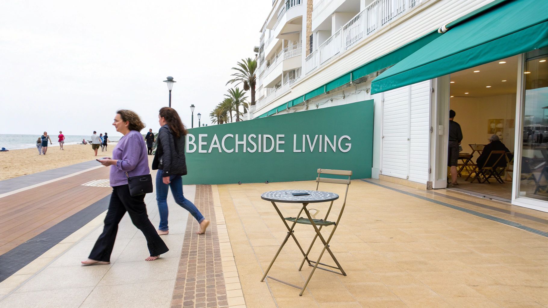 La gente camina por un paseo marítimo junto a una playa de arena con un edificio que exhibe un cartel que dice "Vida junto a la playa".