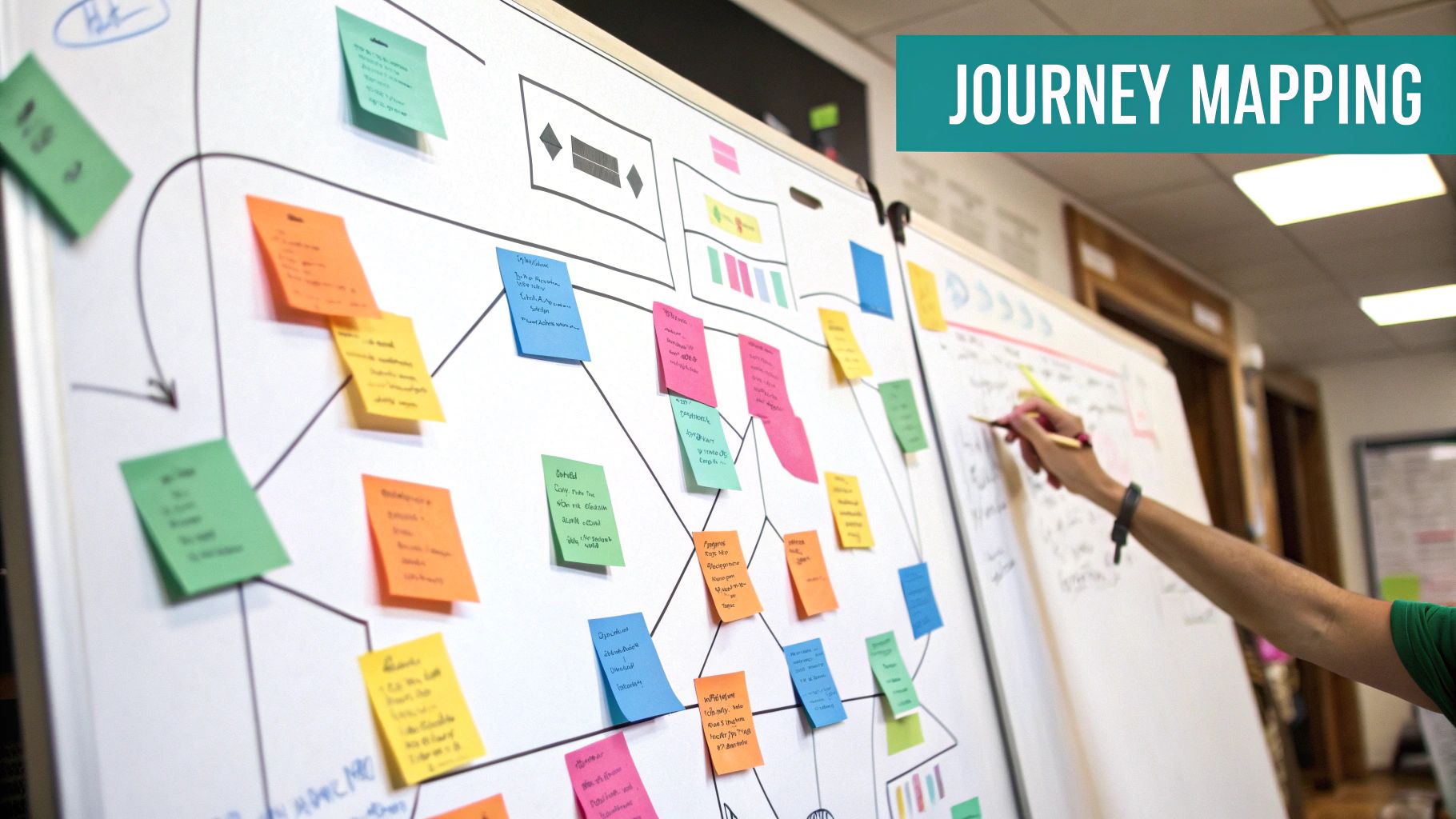 A detailed customer journey map showing different stages, touchpoints, and emotional states.