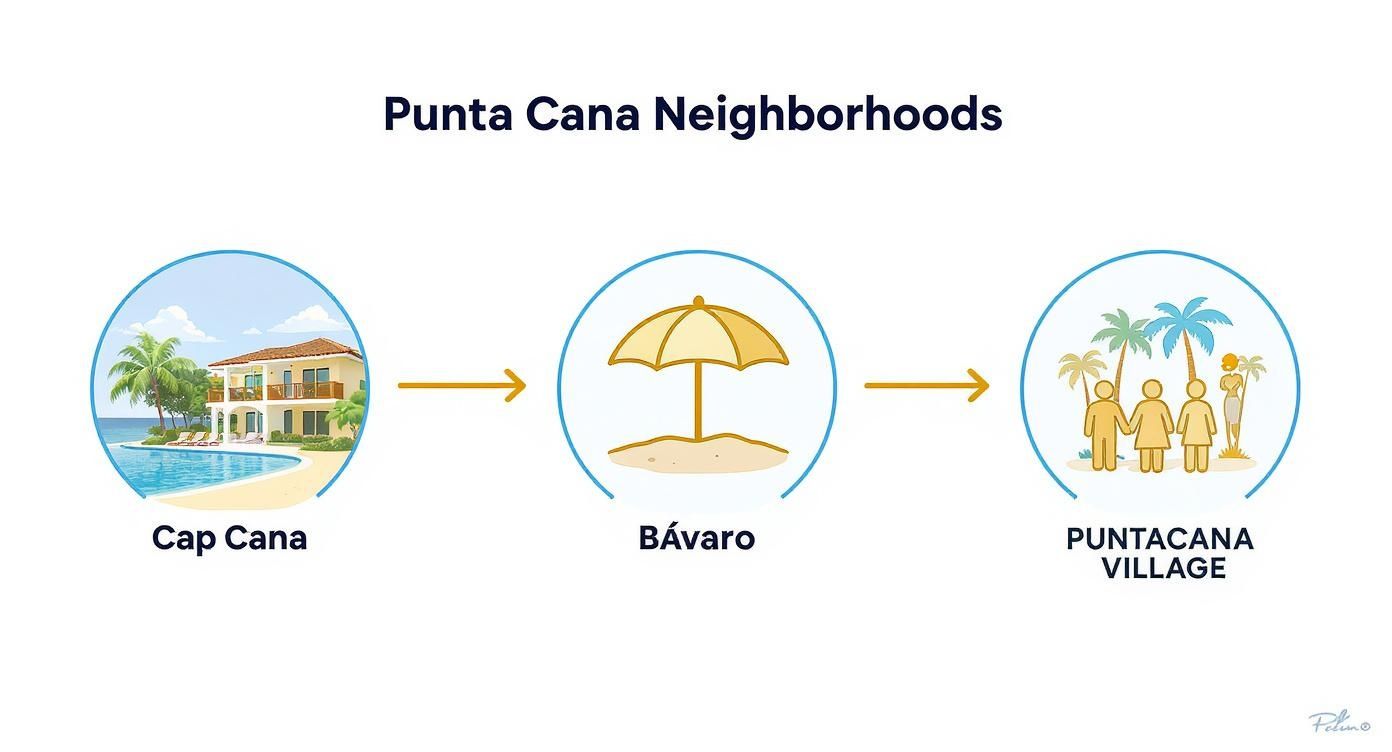 Carte graphique présentant les quartiers de Punta Cana : Cap Cana, Bávaro et Puntacana Village, avec des icônes descriptives.