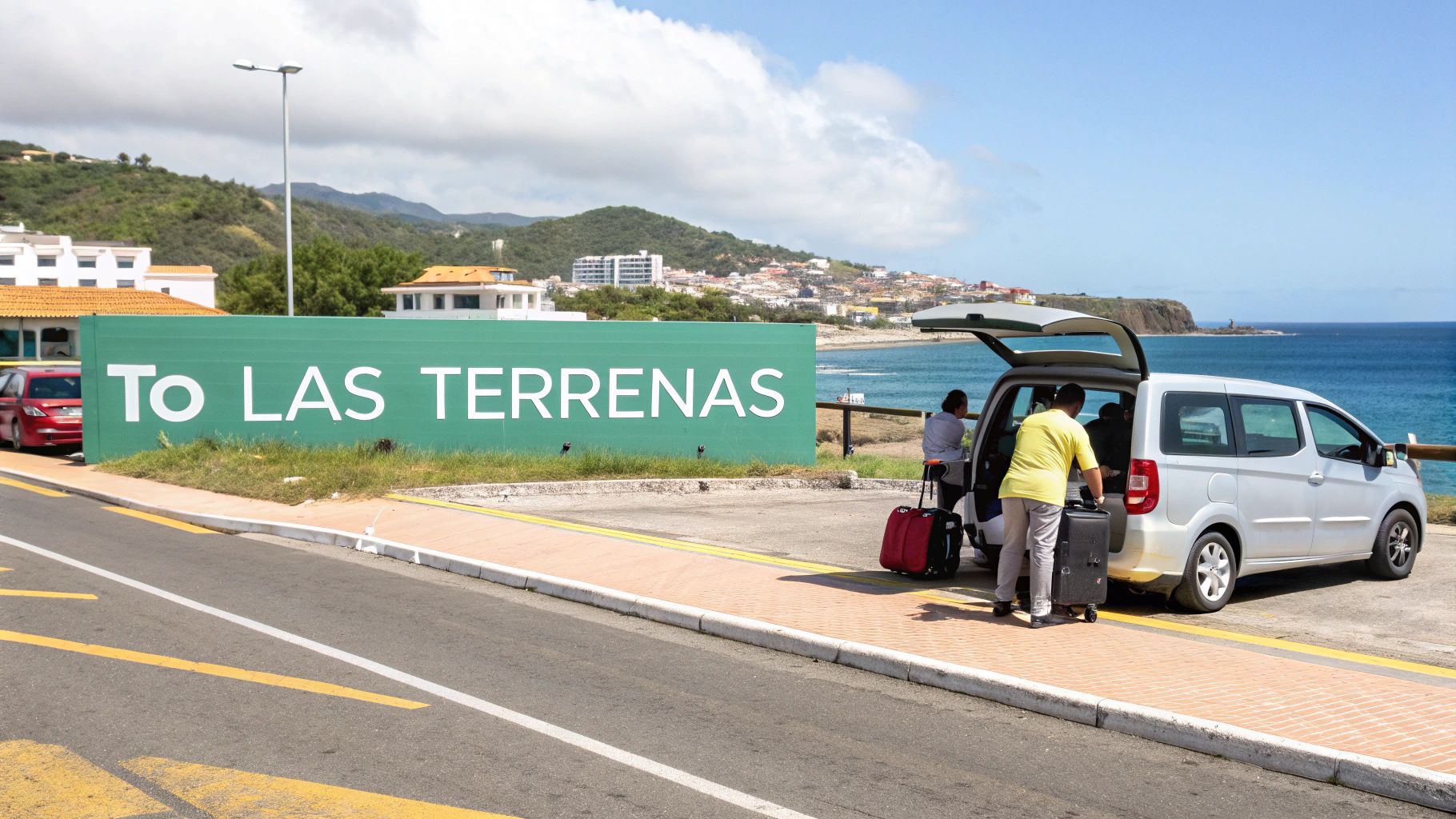 Un cartel verde "A LAS TERRENAS" se encuentra junto a una camioneta donde la gente carga equipaje cerca del océano.