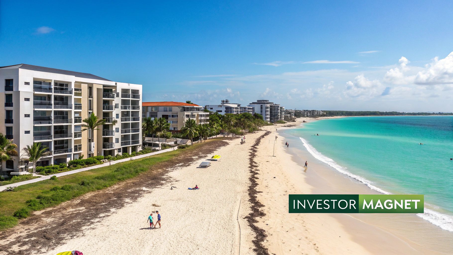 Vue aérienne d'une plage tropicale animée bordée de propriétés côtières de luxe et d'un océan turquoise.
