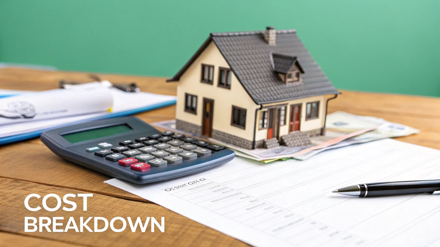 Uma calculadora e uma caneta apoiadas em plantas arquitetônicas para uma nova casa na República Dominicana