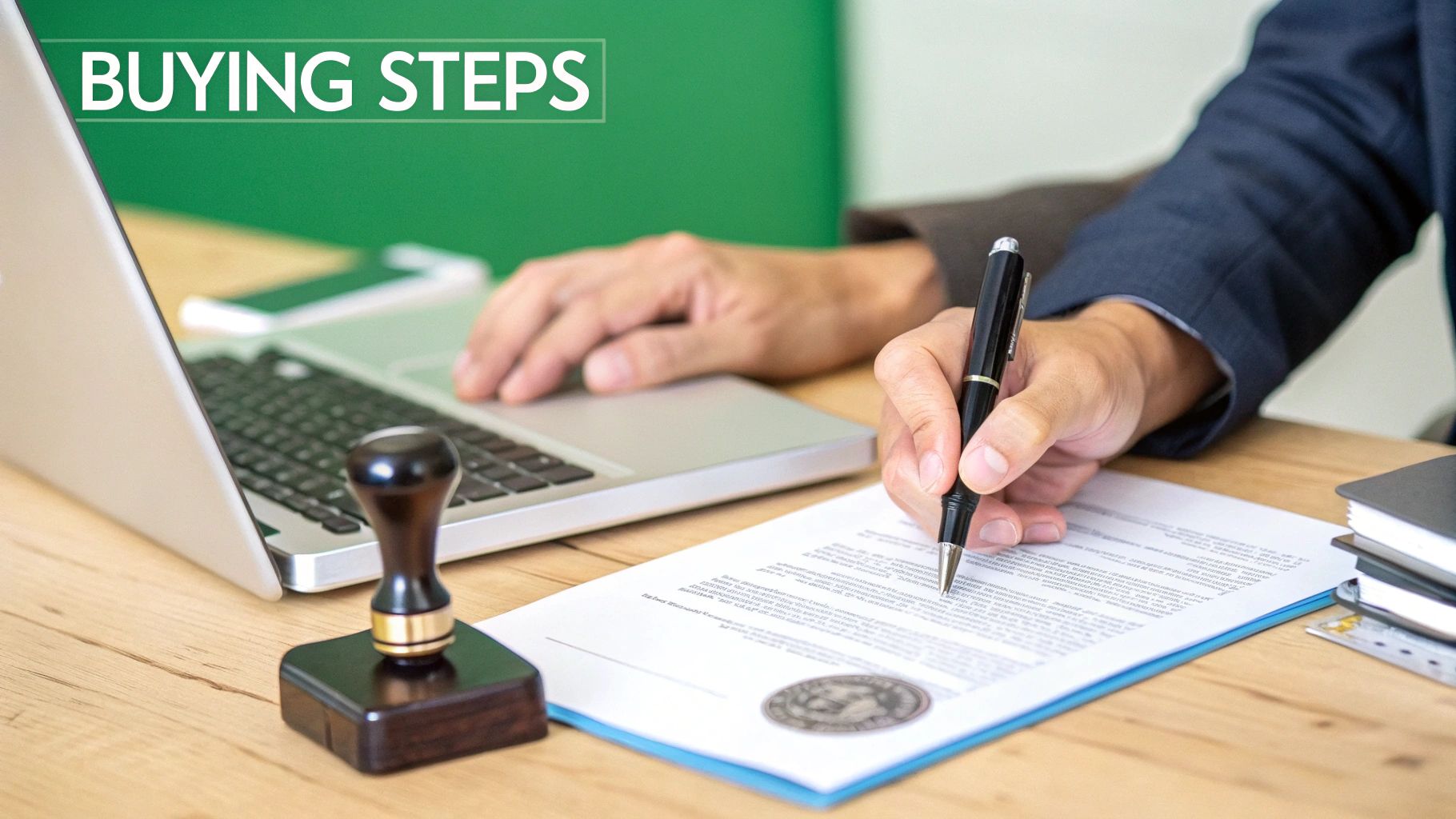 Persona firmando documentos de compra de bienes raíces con una computadora portátil y un sello oficial en el escritorio